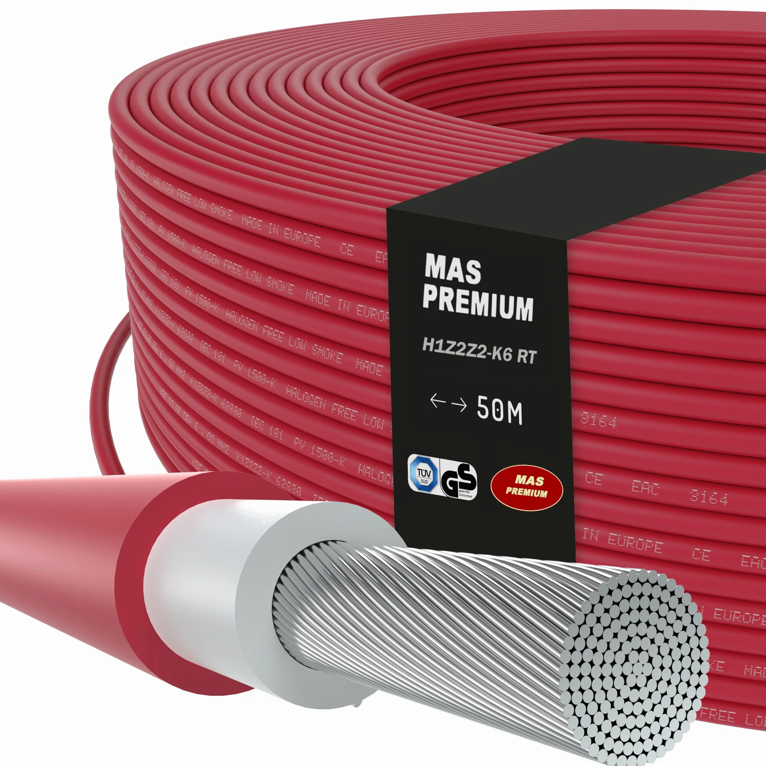 Cavo solare H1Z2Z2-K da 6 mm², cavo solare lungo da 5 a 100 m, cavo singolo per fotovoltaico per la messa a terra, senza alogeni, doppio isolamento (rosso, 50 m)
