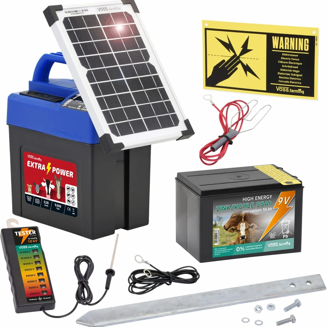 VOSS.farming Set: Elettrificatore Extra Power 9V Solar con Pannello Solare ed Accessori