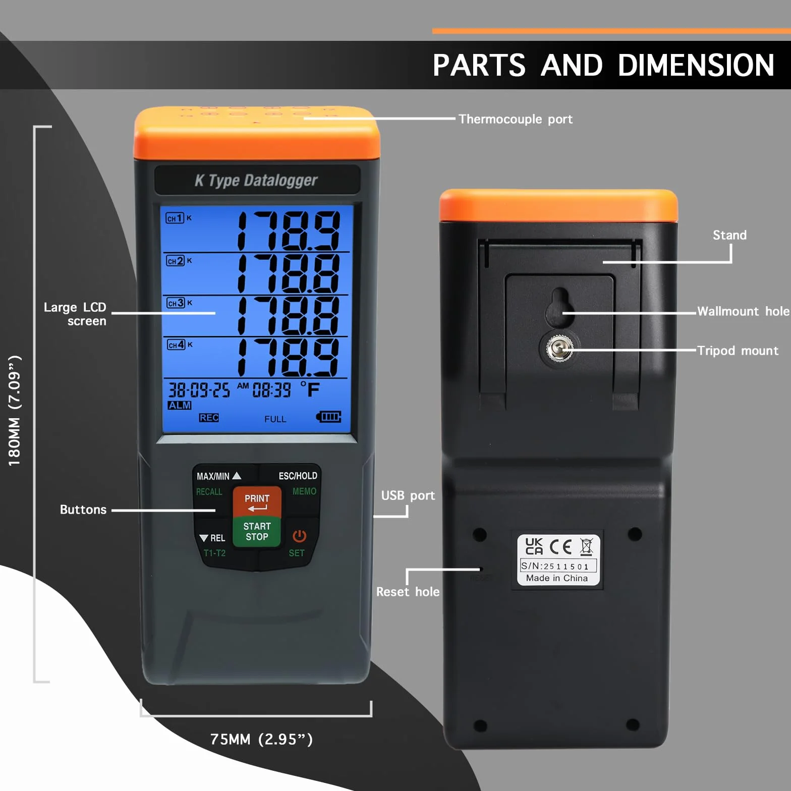 Termometro a Termocoppia 4 Canali Tipo K, 48.000 Registrazioni, -200~1370°C, Allarme Sonoro Visivo