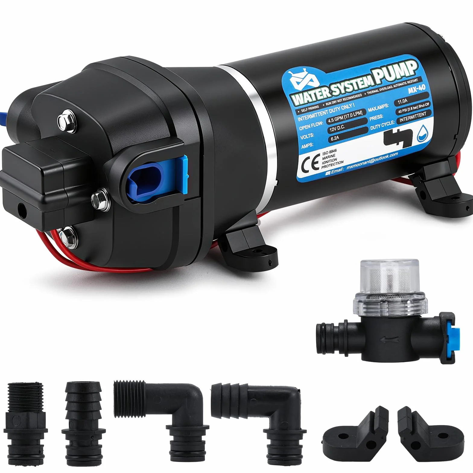 Mxmoonant Pompa Acqua 12V a Membrana, Pompa di Rilancio da 2,8Bar, 130W, 17L/Min, Autoadescante, con Protezione da Sovraccarico, per Camper, Roulotte, Barca, Irrigazione, Circolazione