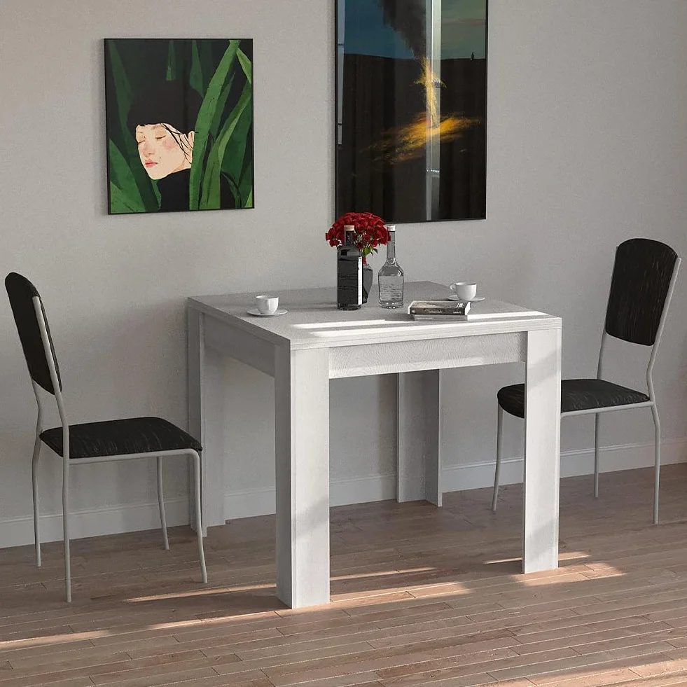 BAKAJI Tavolo Quadrato Allungabile 90x90 cm, Apertura a Libro, Design Moderno Ribaltabile, 4-8 Posti, Bianco Frassinato