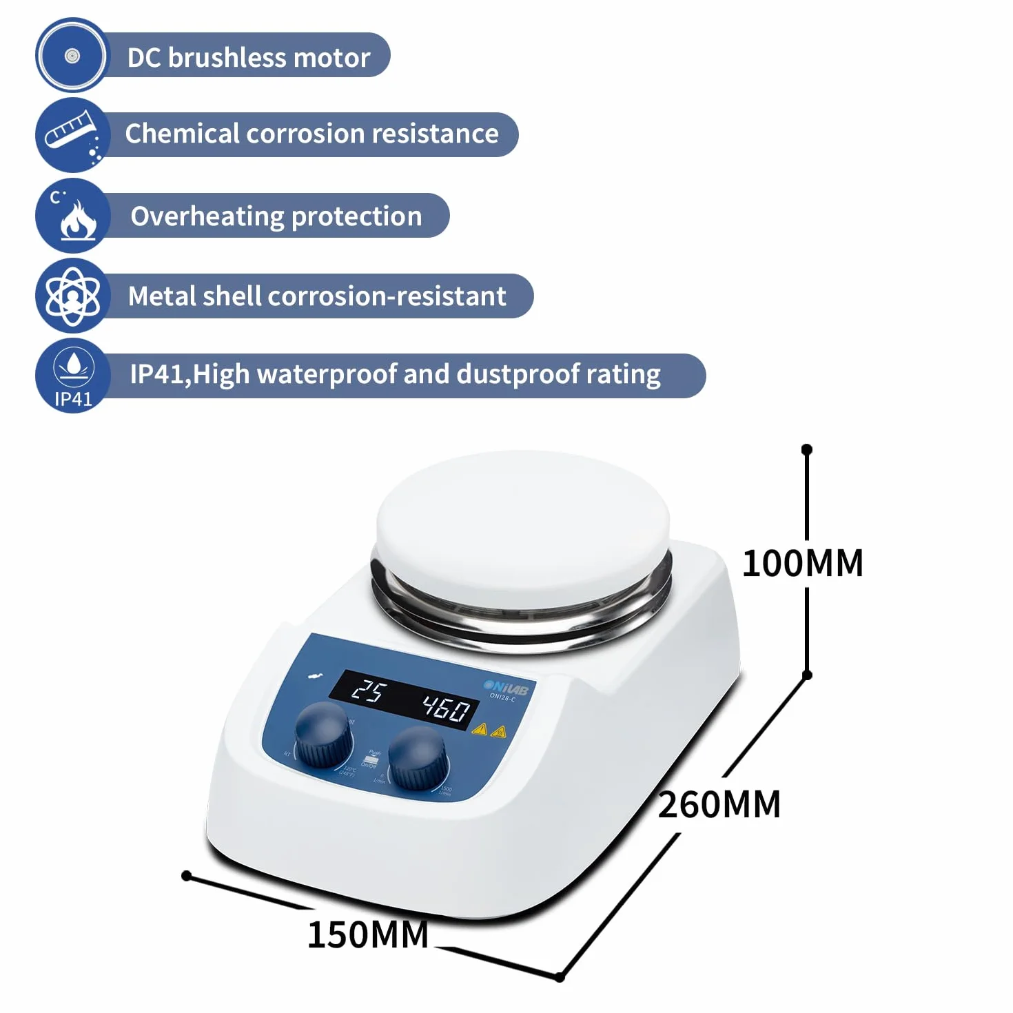 ONiLAB 280 ℃ - Miscelatore magnetico digitale a LED con piano di lavoro in acciaio inox rivestito in ceramica, 200-1500 giri/min, sensore sonda di temperatura, supporto e asta di miscelazione