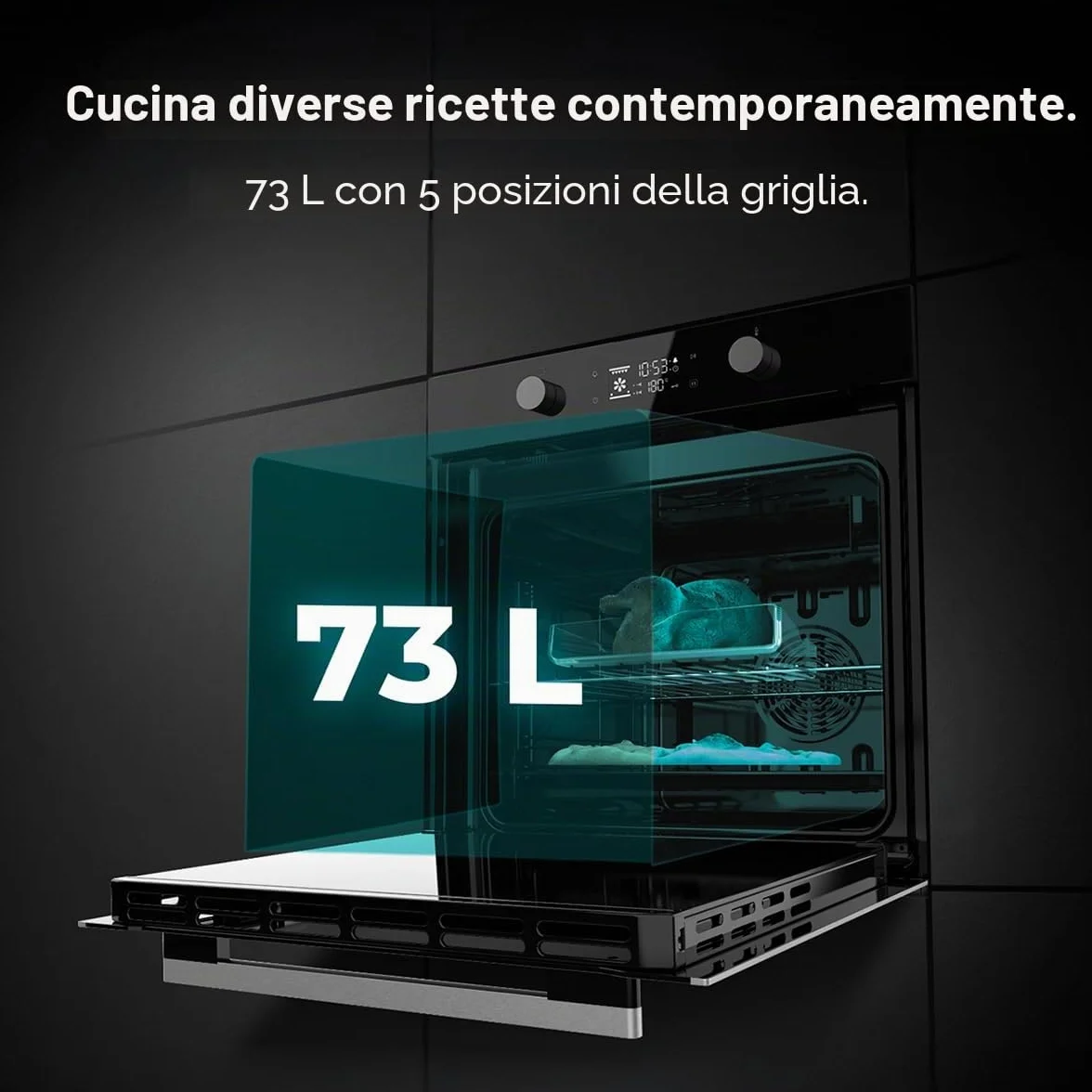 Cecotec Forno da Incasso Multifunzione Pirolitico Bolero Hexa P526000 Glass Black A. 2800W, 73L, 9 funzioni: Defrost, Convenzionale, Grill, Pirolisi. Display Touch, Cooling Fan, Porta Vetro, Classe A