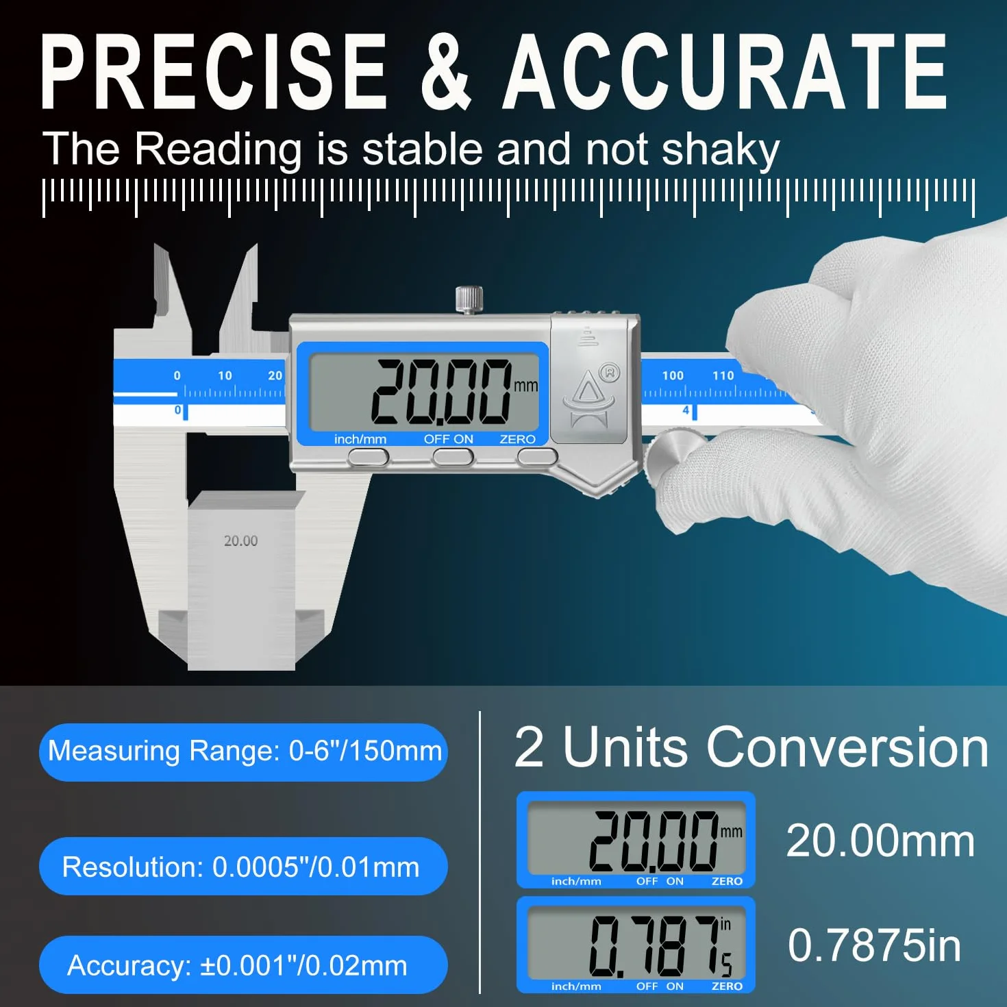 Calibro Digitale,Precisione Calibri In Acciaio Inox 150mm Con Ampio Display Lcd Calibro Digitale Per Misurazione Esterne,Interne,Profondità e Di Passo,3 Batterie,Spegnimento Automatico