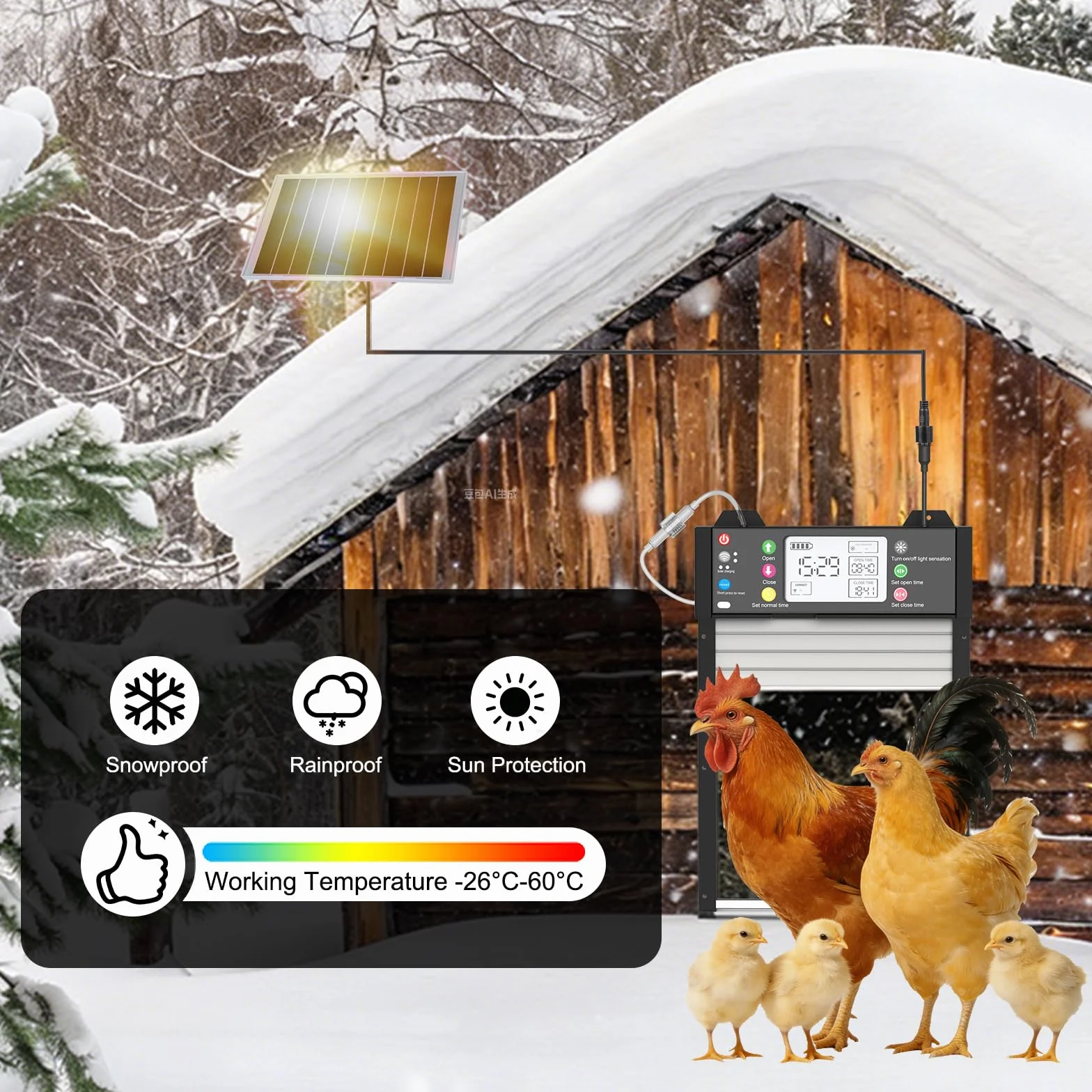 Porta Pollaio Automatica Solare Alluminio, Porta Elettrica Sensore Crepuscolare, Timer, WiFi & App, Sistema Anti-pizzicamento, Schermo LCD, Telecomando e Batteria 4000mAh