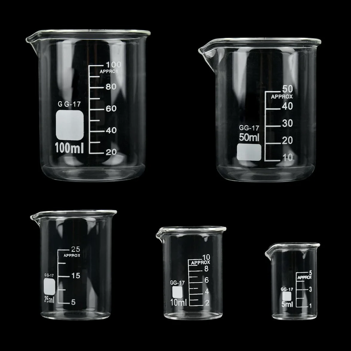 BUYGOO 5PZ Bicchiere Graduato 5ml 10ml 25ml 50ml 100ml Bicchieri con Beccuccio Set di Misurini in Vetro Bicchieri da Laboratorio Vetro da Laboratorio Bicchieri da Laboratorio per Esperimenti, Cottura