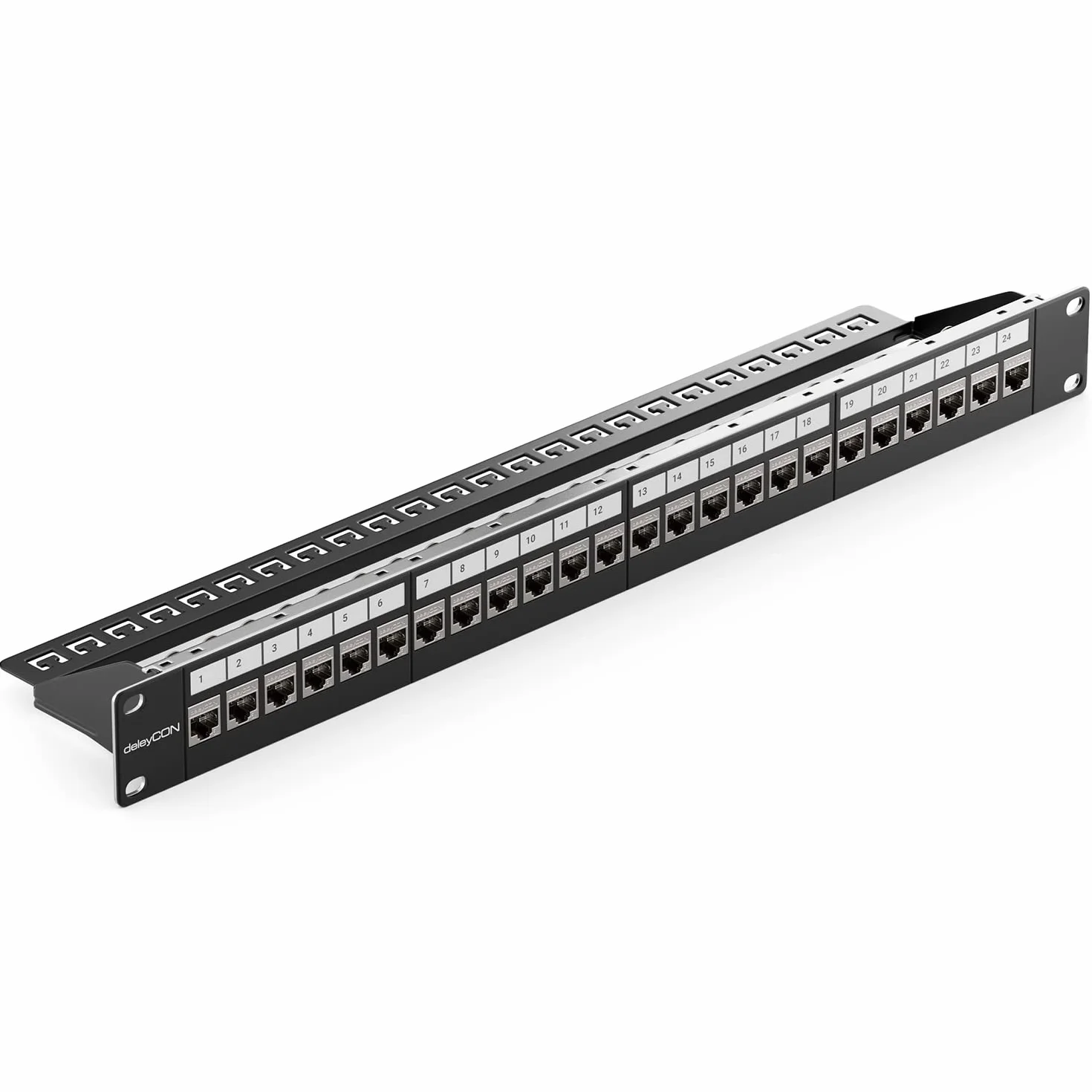 deleyCON 24 Porto Pannello Delle Patch Set Modulare 1 IU 19" Pollici Montaggio Rack + 24x RJ45 Keystone Moduli CAT6a Compatibile con CAT5 CAT6 CAT7 LAN Cavi di Rete Cavi di Posa Nero