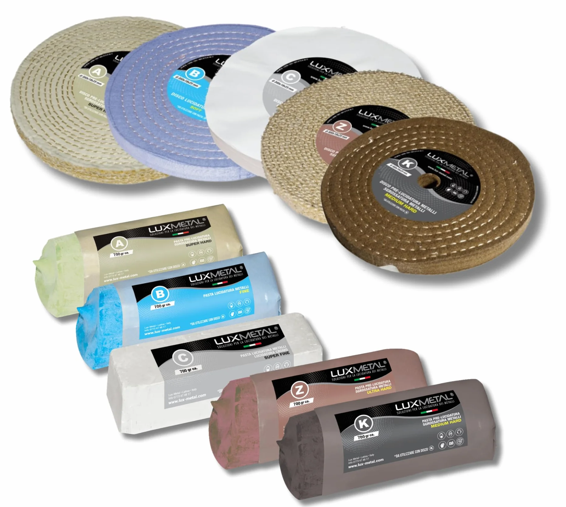 Lux Metal - Kit 5 Disco Lucidante 300 mm e 5 Pasta Abrasiva Lucidante 700 gr - Per Alluminio, Ferro, Acciaio Inox, Bronzo, Marmo - Ruota Lucidatura Metalli Mola Smerigliatrice Feltro