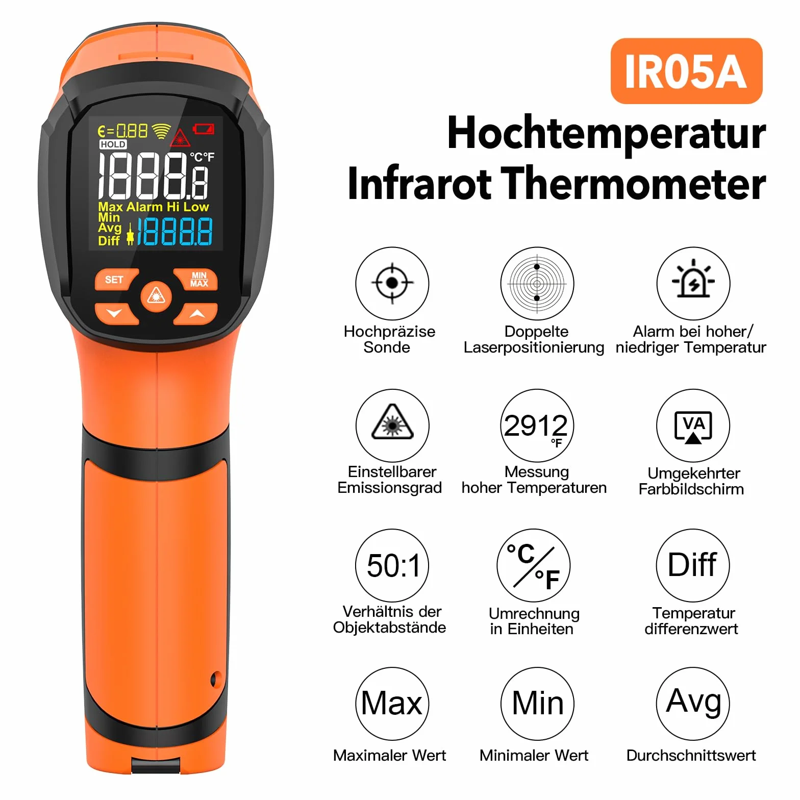 MESTEK Termometro a Infrarossi Digitale -40°C~1600°C con K-Probe Senza Contatto LCD