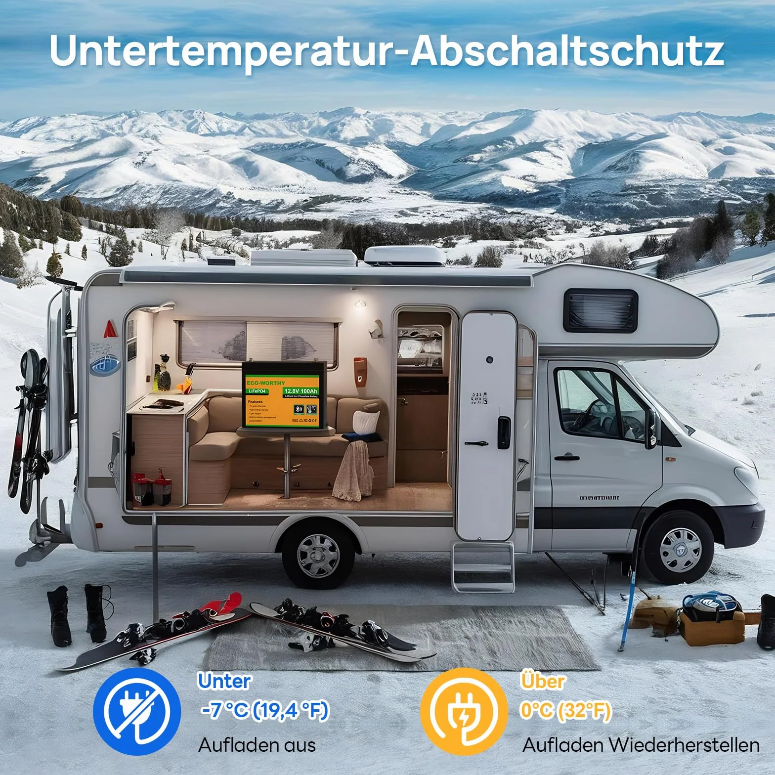 ECO-WORTHY LiFePO4 Bluetooth 12 V 100 Ah con Caricabatterie 12/24 V 20 A, batteria al litio 12 V 100 Ah con protezione BMS a bassa temperatura per camper, barche, roulotte