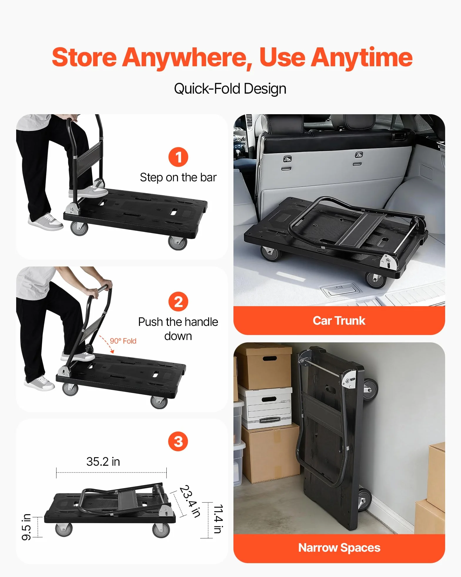 VEVOR Carrello Pieghevole da Trasporto Capacità Carico max. 453,59kg, Carrello con Piattaforma Pieghevole Salvaspazio Dimensioni Piegate 895x595x290 mm Maniglia di Spinta per Traslochi Pacchi Merci