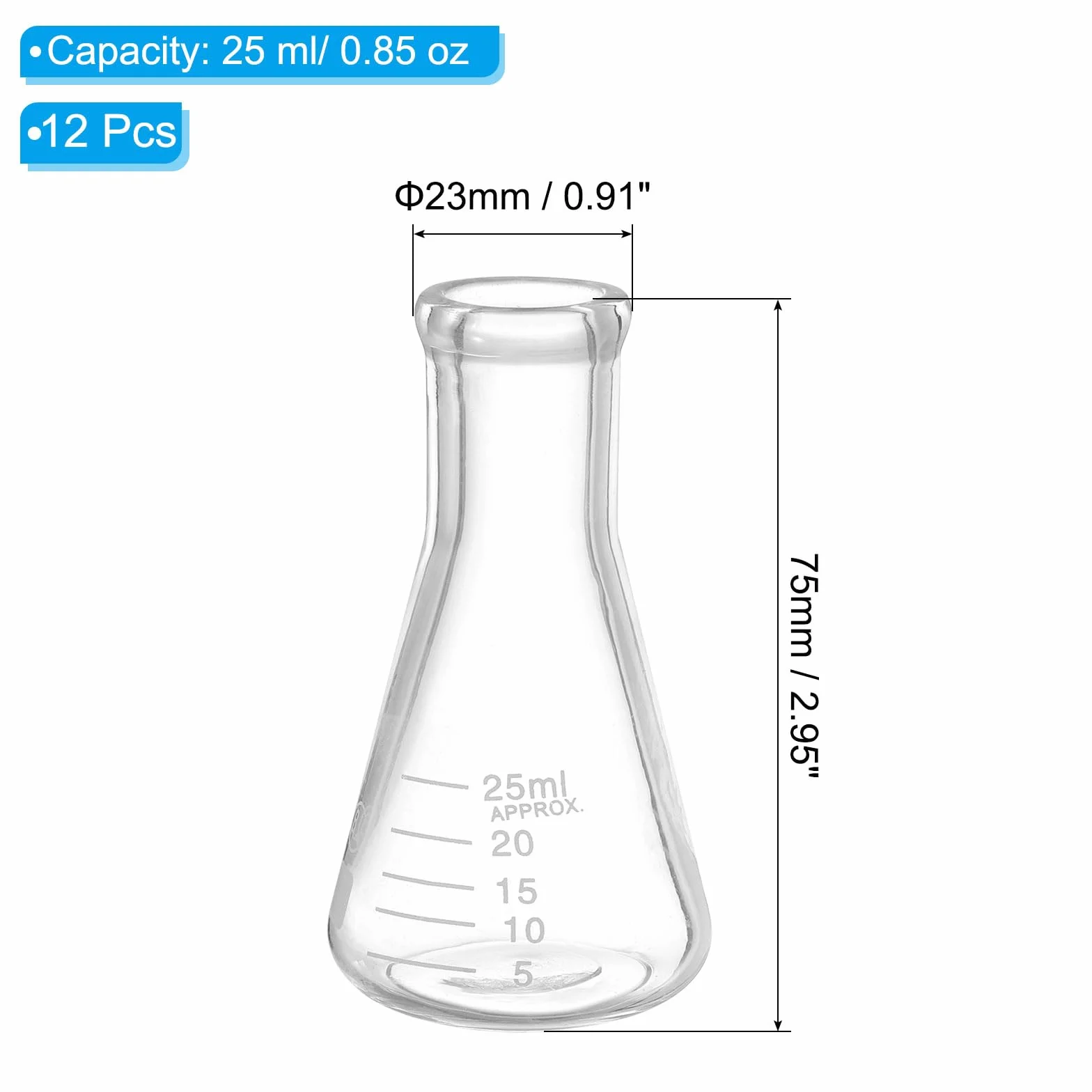 PATIKIL Ampolla Erlenmeyer, 12pz 25ml Ampolle a Bocca Stretta in Vetro Borosilicato Graduazione Stampata Esperimenti di Laboratorio, Chimica e Studio Scientifico