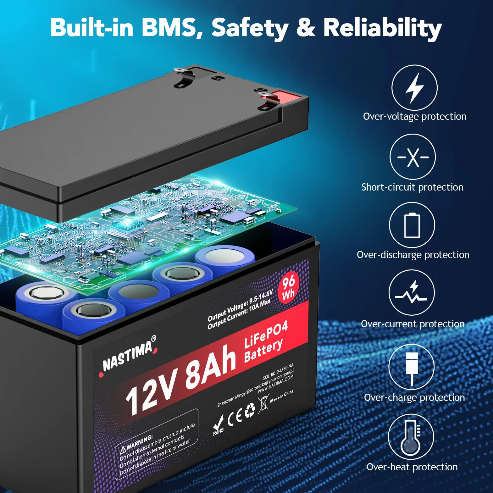 NASTIMA Batteria Ricaricabile 12V 8Ah LiFePO4 con Protezione BMS e Ciclo Profondo 4000, Adatta per Kit di Pannelli Solari, Passeggini, Camper, Barche, Campeggio, Ecoscandagli