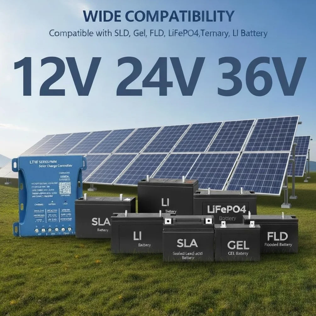 Regolatore solare 20A con WiFi & Bluetooth, PWM 12V/24V/36V per veicoli, ingresso PV 80V, regolazione tramite applicazione per batterie piombo-acido/LiFePO4/litio, ideale per camper/casa/installazione