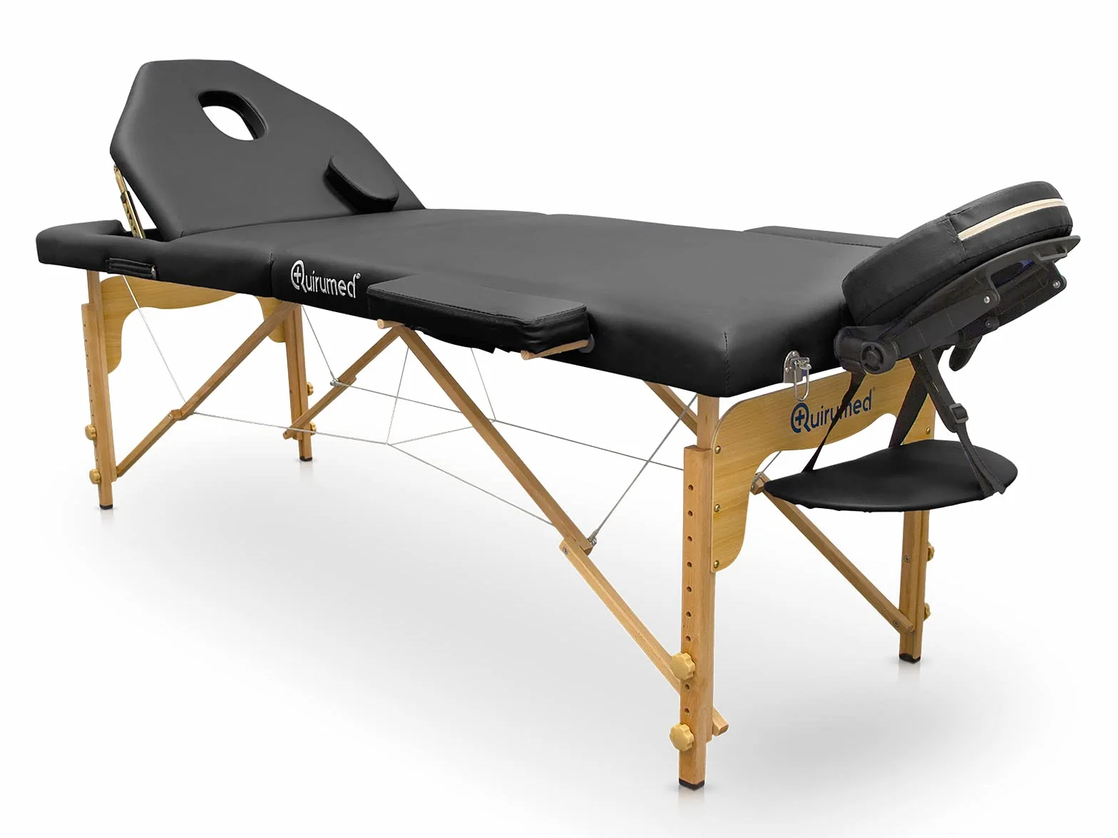 QUIRUMED Lettino pieghevole in legno Pro, 194 x 70 cm, con schienale ribaltabile, colore nero, ecopelle, foro viso, testa rimovibile, altezza regolabile, fino a 150 kg