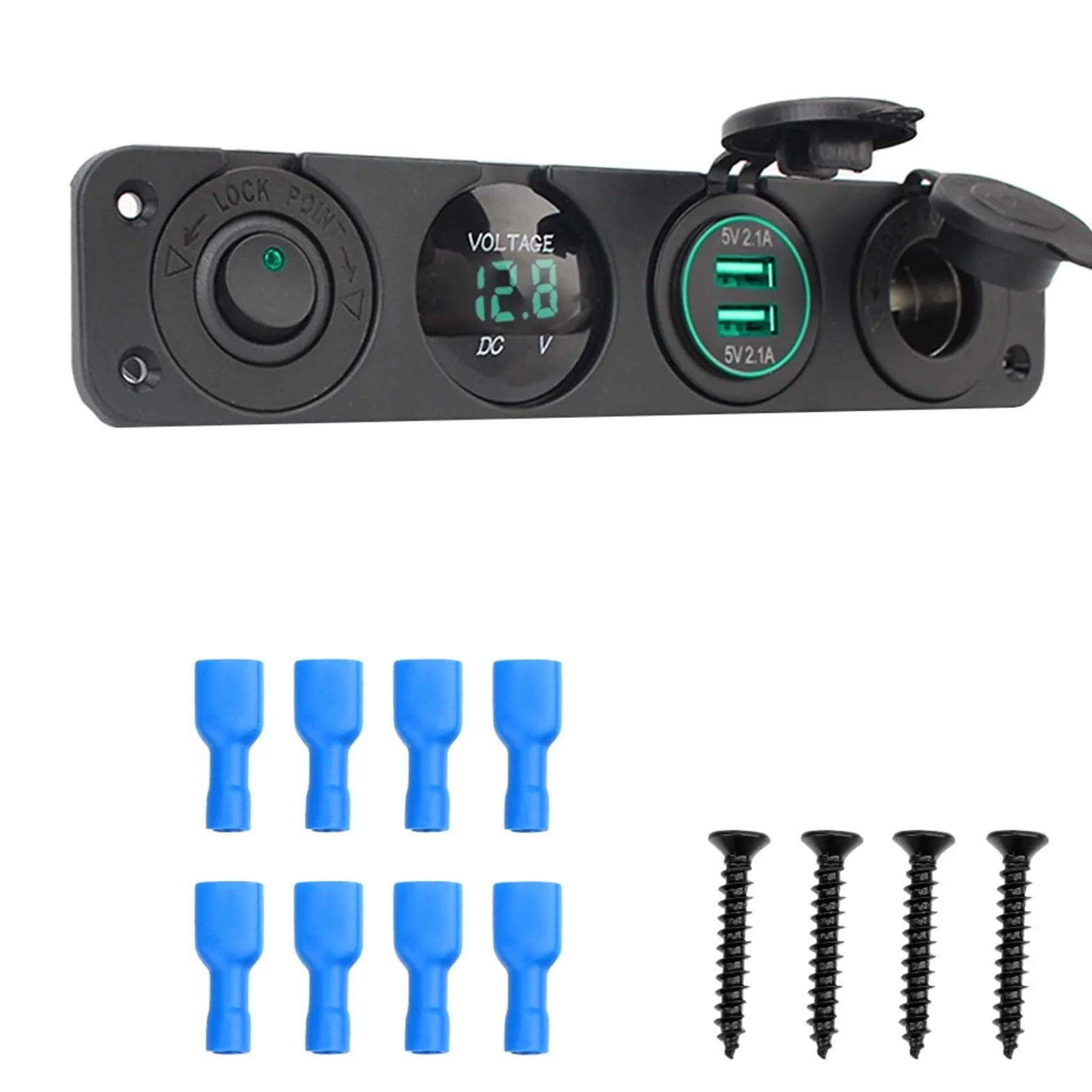 Pannello di alimentazione 12V 4 in 1 con interruttore, voltmetro, tester, caricabatterie USB for auto, presa accendisigari 3.0, interruttore a levetta(Groen)