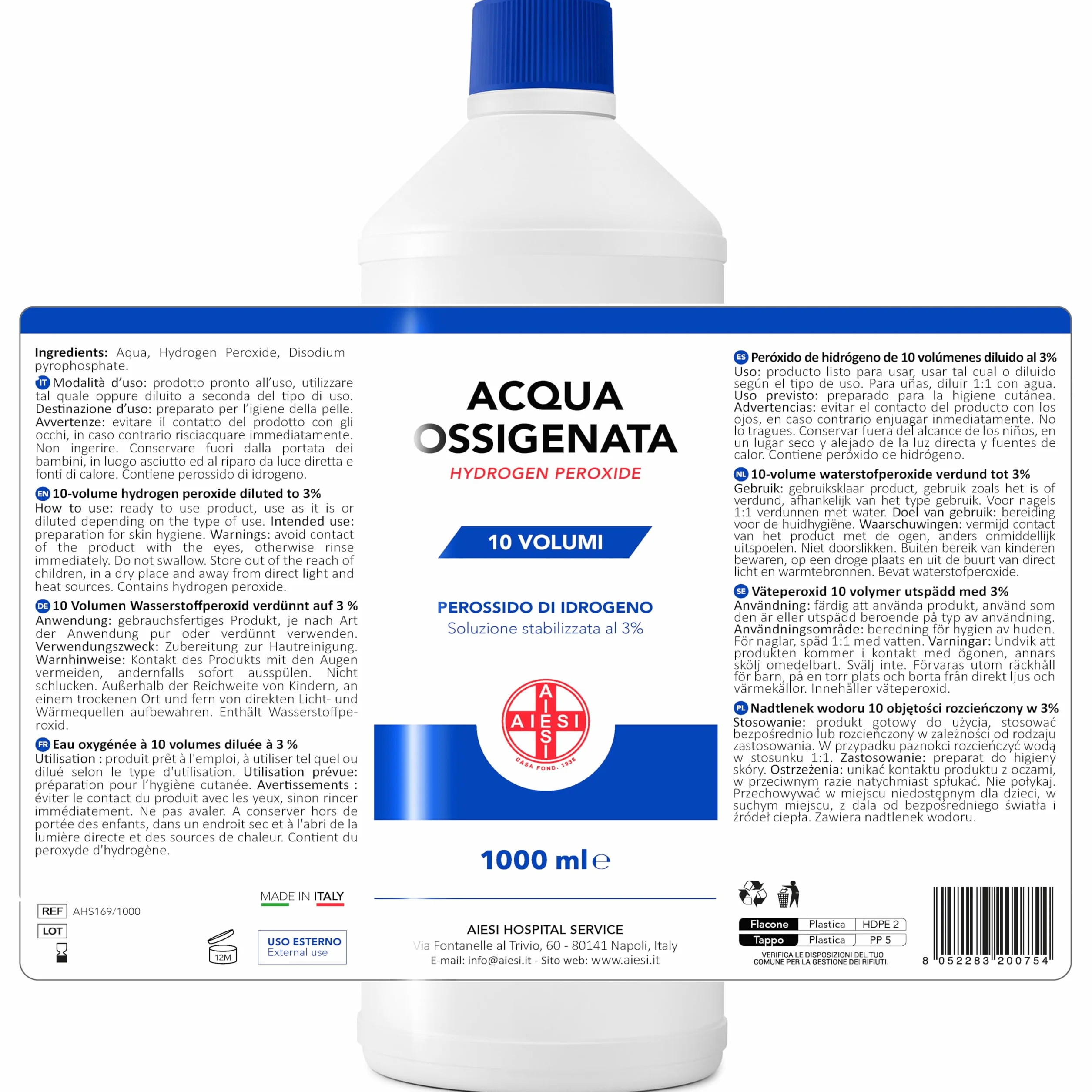 AIESI Acqua Ossigenata F.U. disinfettante 12x1000 ml con tappo sicurezza bambini Made in Italy