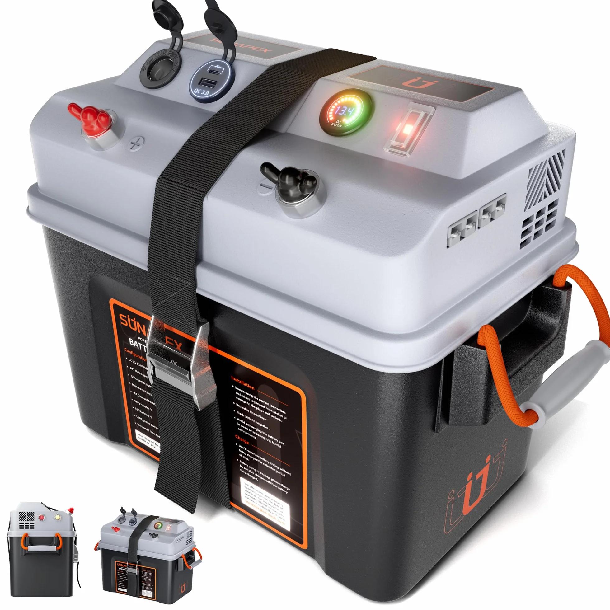 SUNAPEX Smart Battery Box 12V/24V Power Center – Multi porte e interruttore automatico per motore da traina, marino, camper e pannello solare (Pro, batteria non inclusa)