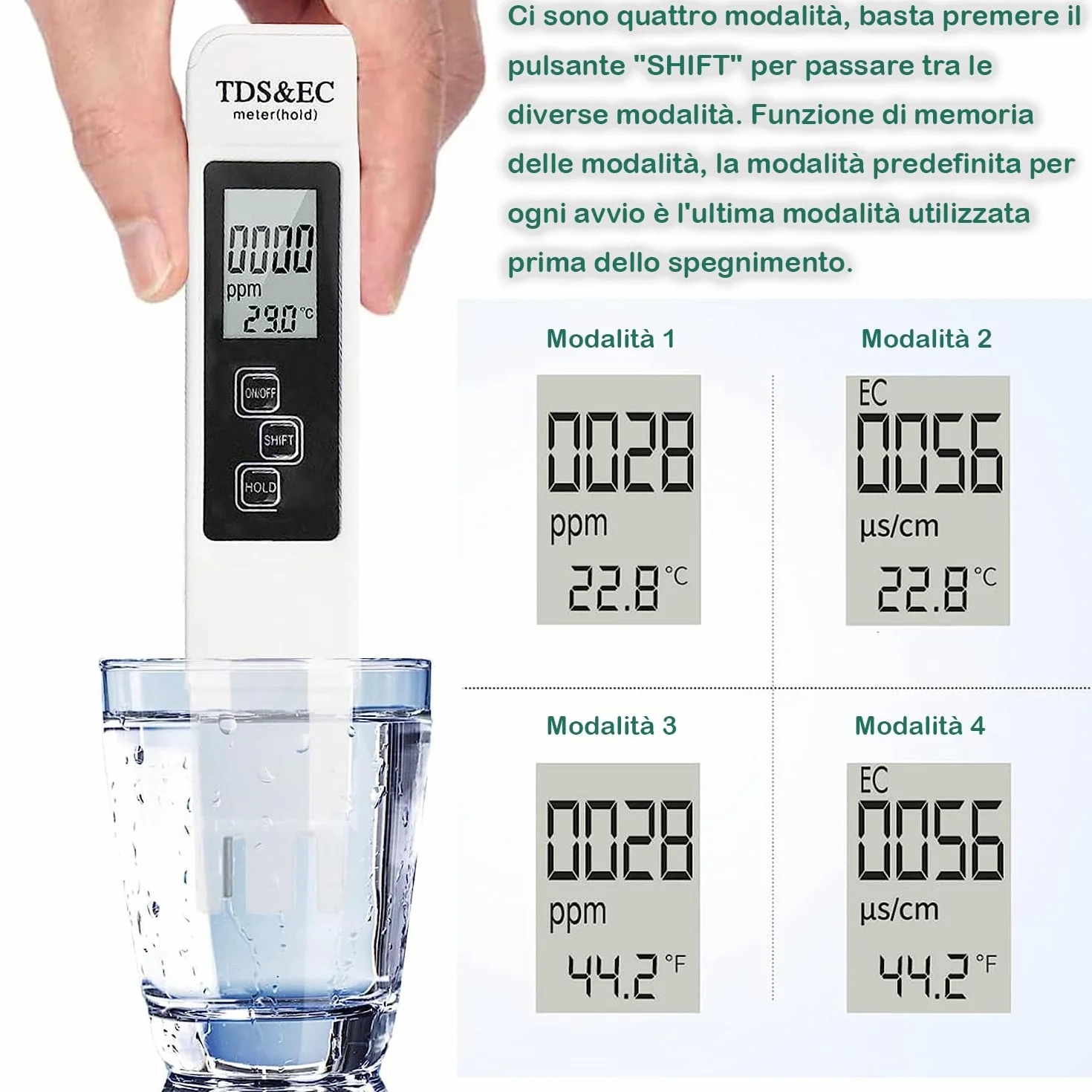 Tester digitale LCD per la qualità dell'acqua Misuratore TDS EC e Temperatura 3 in 1, Precisione di Lettura +/- 2%, 0-9990 PPM set, per Acqua Potabile/Piscina/Acquario/Piscina