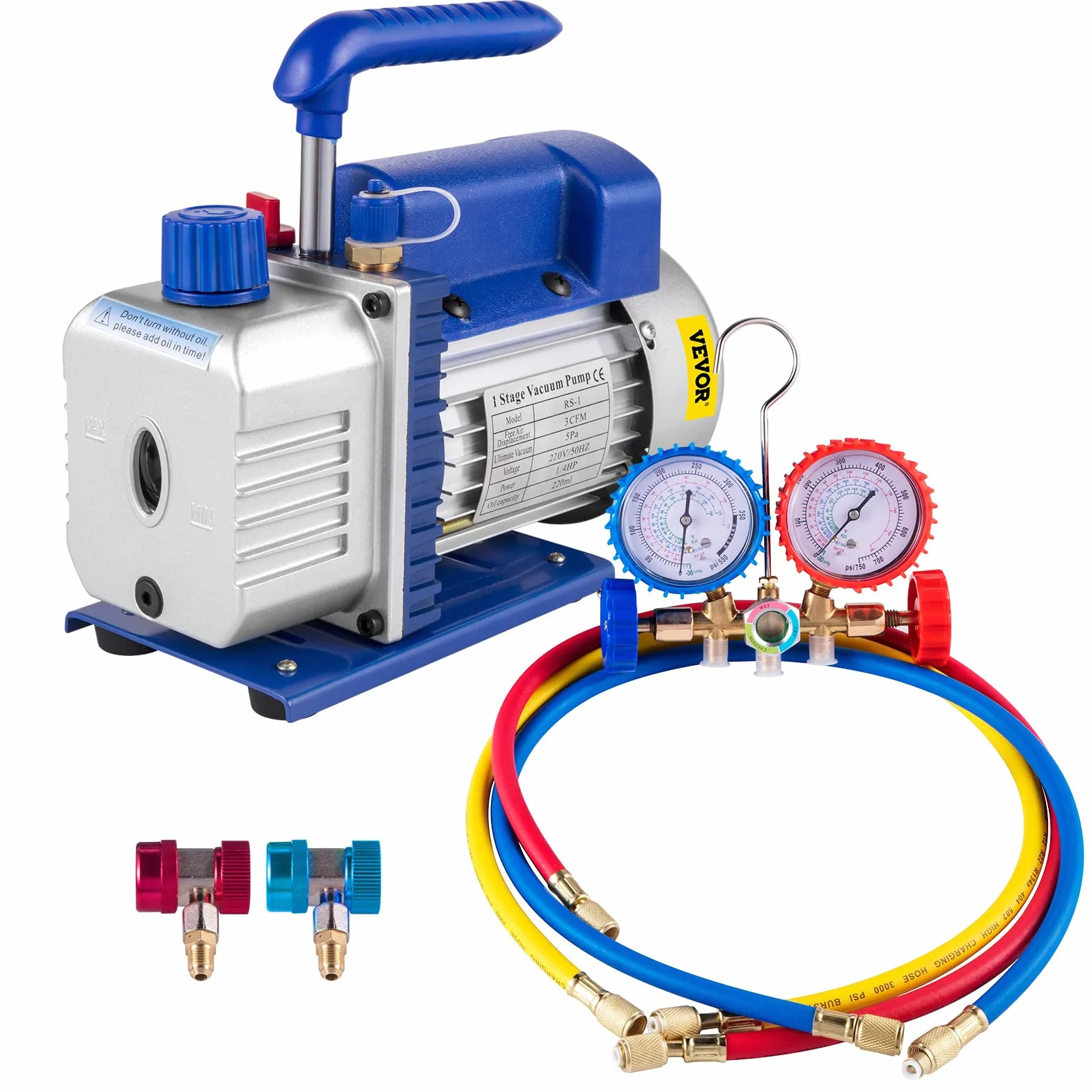 Mophorn 3CFM Pompa per Vuoto, 1/4 HP 85 Lt/min Pompa per Vuoto Frigorista HVAC Set di Misuratore di Collettore CA/CC, Pompa a Vuoto Aria Condizionata a 1 Stadio per Refrigerante e Degasaggio