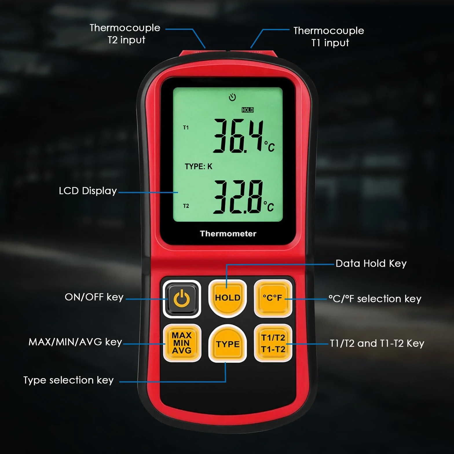 Termometro a termocoppia a doppio canale Tipo K/J/T/E/R/S/N -150~1767 °C Misuratore di temperatura digitale Retroilluminazione 2 sonde