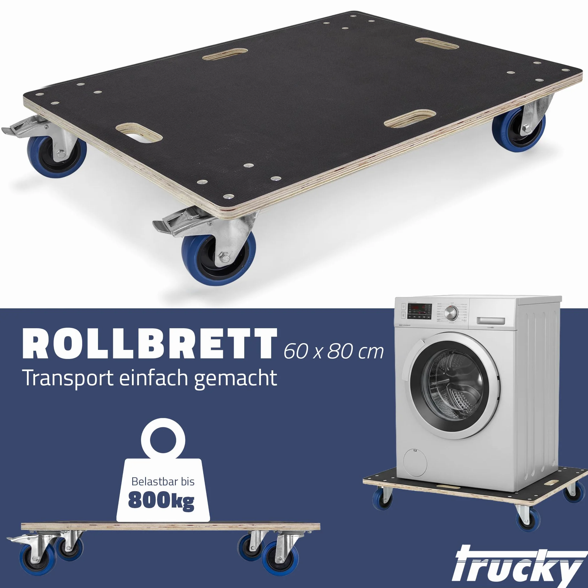 Trucky 60 x 80 cm, rullo per il trasporto, 500 kg, con 4 ruote, carrello per mobili, trasporto