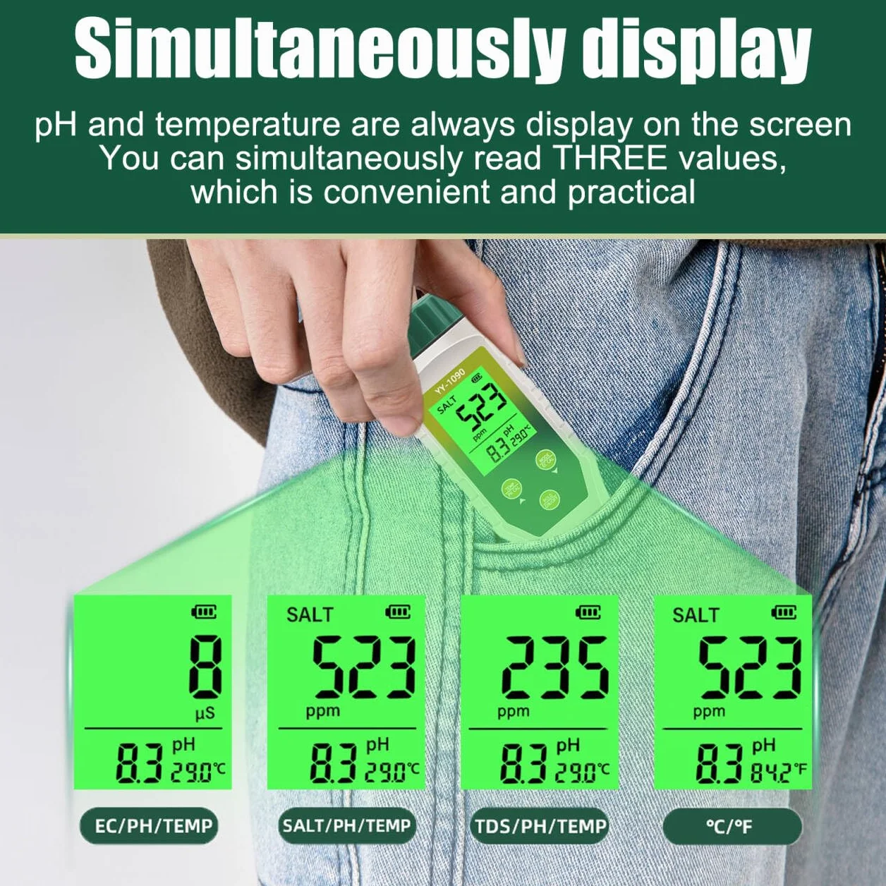 Misuratore PH 5 in 1, PH EC TDS Salinità Temperatura Meter con Innovativo Display Simultaneo Tre Dati, IP67 Impermeabile Tester Salinità PH per Piscina, Acqua Potabile, acquari, idroponia