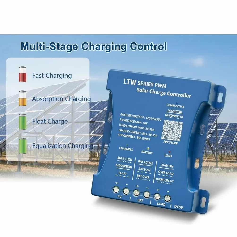 Regolatore solare 20A con WiFi & Bluetooth, PWM 12V/24V/36V per veicoli, ingresso PV 80V, regolazione tramite applicazione per batterie piombo-acido/LiFePO4/litio, ideale per camper/casa/installazione