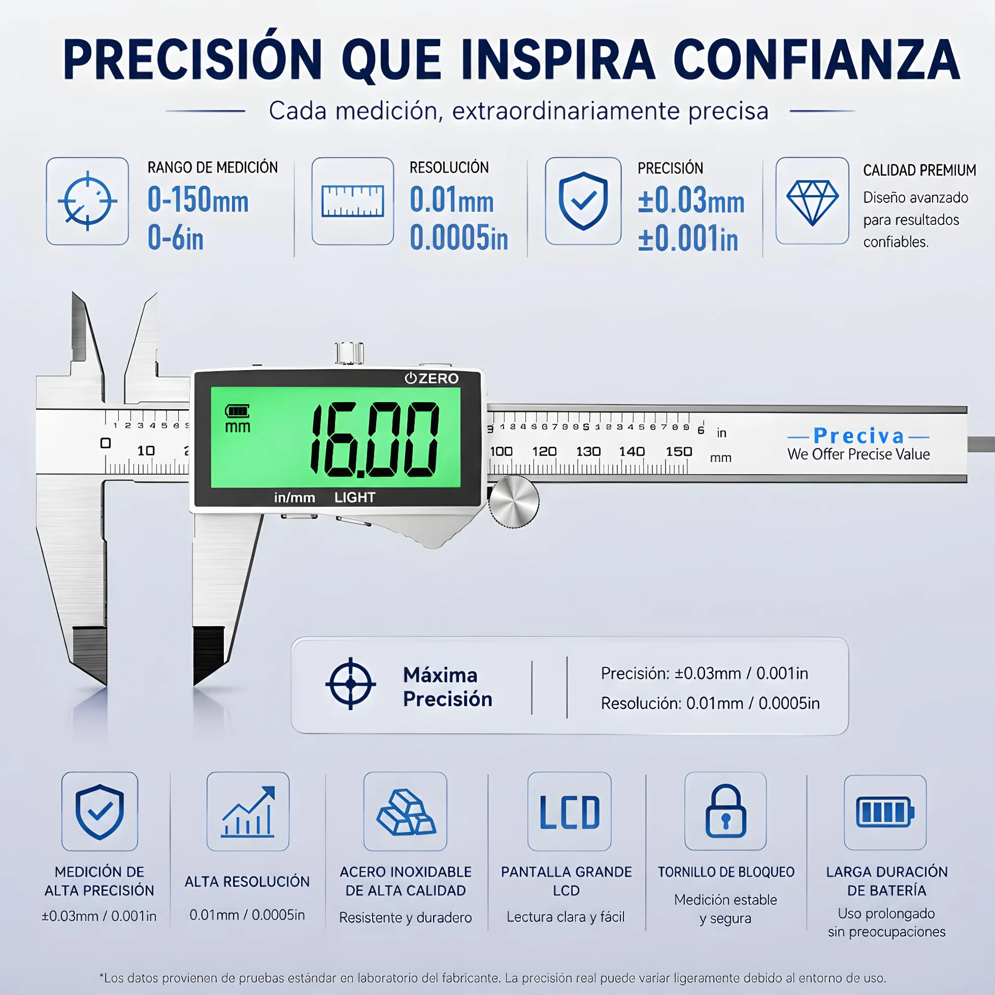 Preciva Calibro Digitale, Calibri Ricaricabile, Calibro Elettronico in Acciaio Inox con Ampio Schermo LCD Retroilluminato, Plicometro Professionale per Officina, Meccanica, Fai da Te
