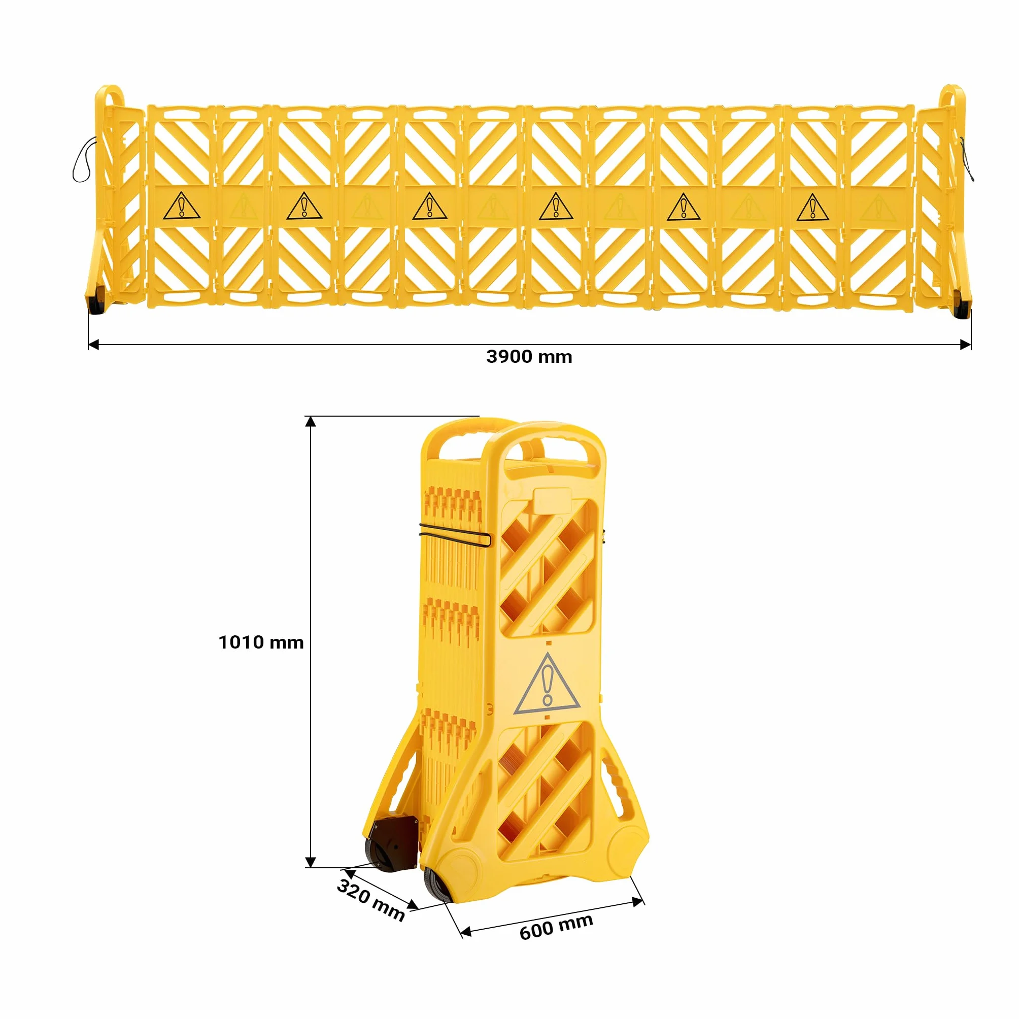 Wiltec Barriera mobile portatile, barriera pieghevole 60 x 32 x 101 cm, recinzione estensibile fino a 3,9 m con ruote e maniglie, barriera in PE robusto