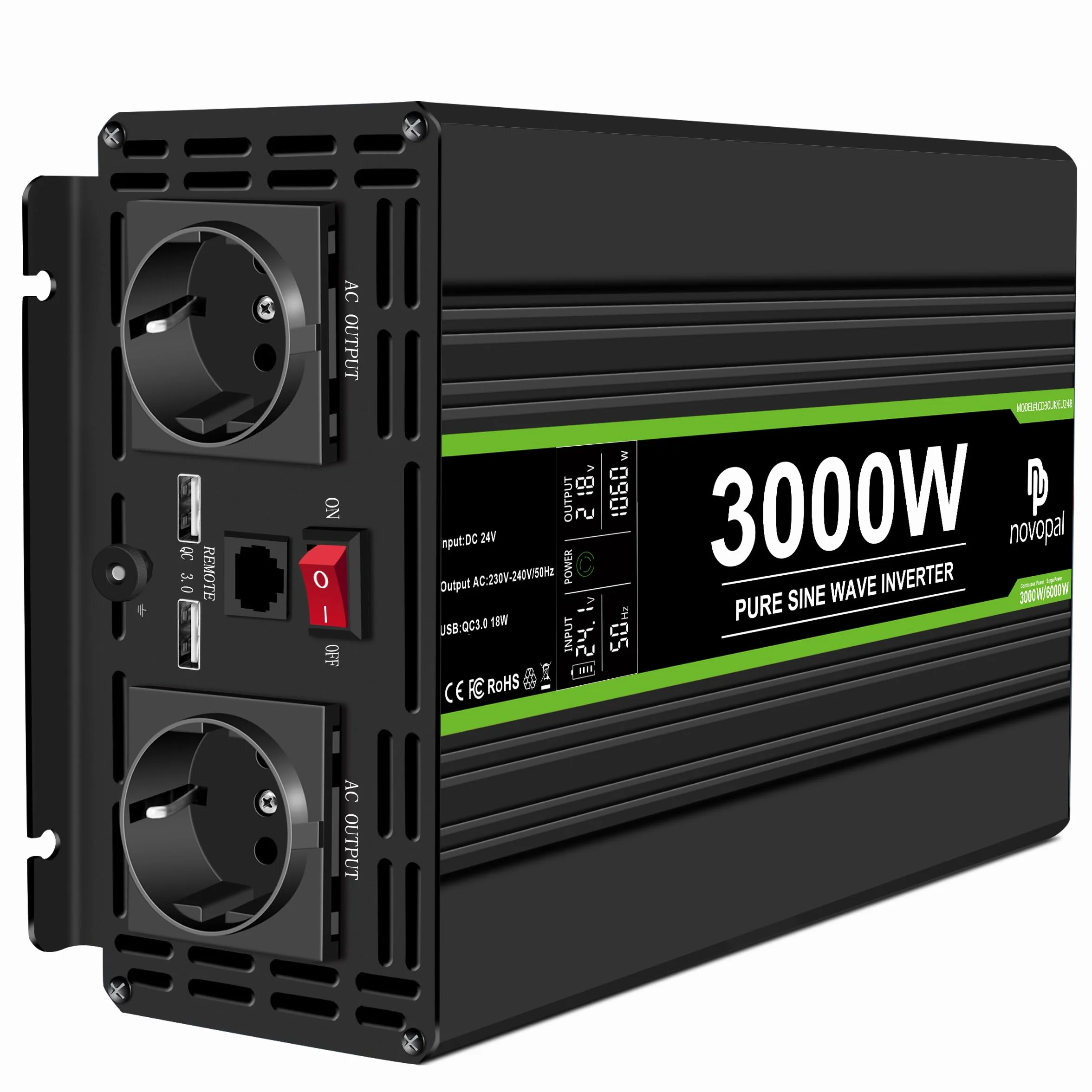 Novopal 3000W Onda Sinusoidale Pura Power Inverter DC 24V in AC 220V con Display LCD Codici di Errore,2 EU Presa con USB QC3.0 18W,5M di Telecomandoper per Camion Camping Macchina da Caffè