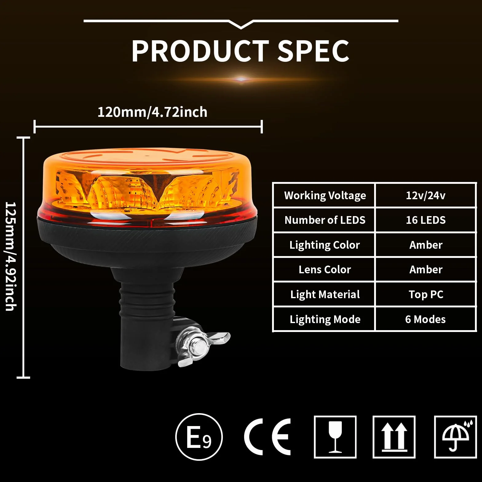 Luce di segnalazione ambra a LED, 16LEDs 12/24V lampada lampeggiante arancione 4 flash e 2 modelli rotanti per macchine agricole, veicoli commerciali, scuolabus, camion escavatori trattore