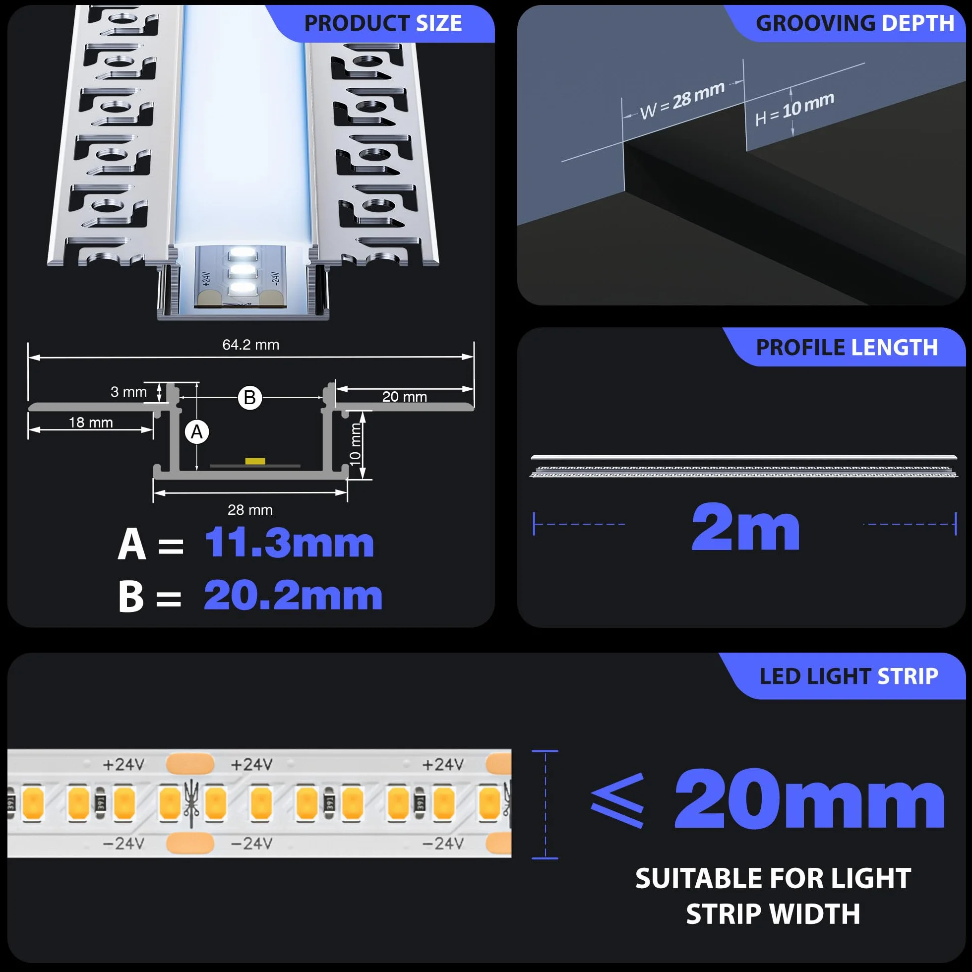 26 Profilo Alluminio per Strisce LED 2m Diffusore di luce forma di U Profilo Copertura Tappo Terminale per Cartongesso Soffitto Parete illuminazione lineare Larghezza interna del Profilo 20mm