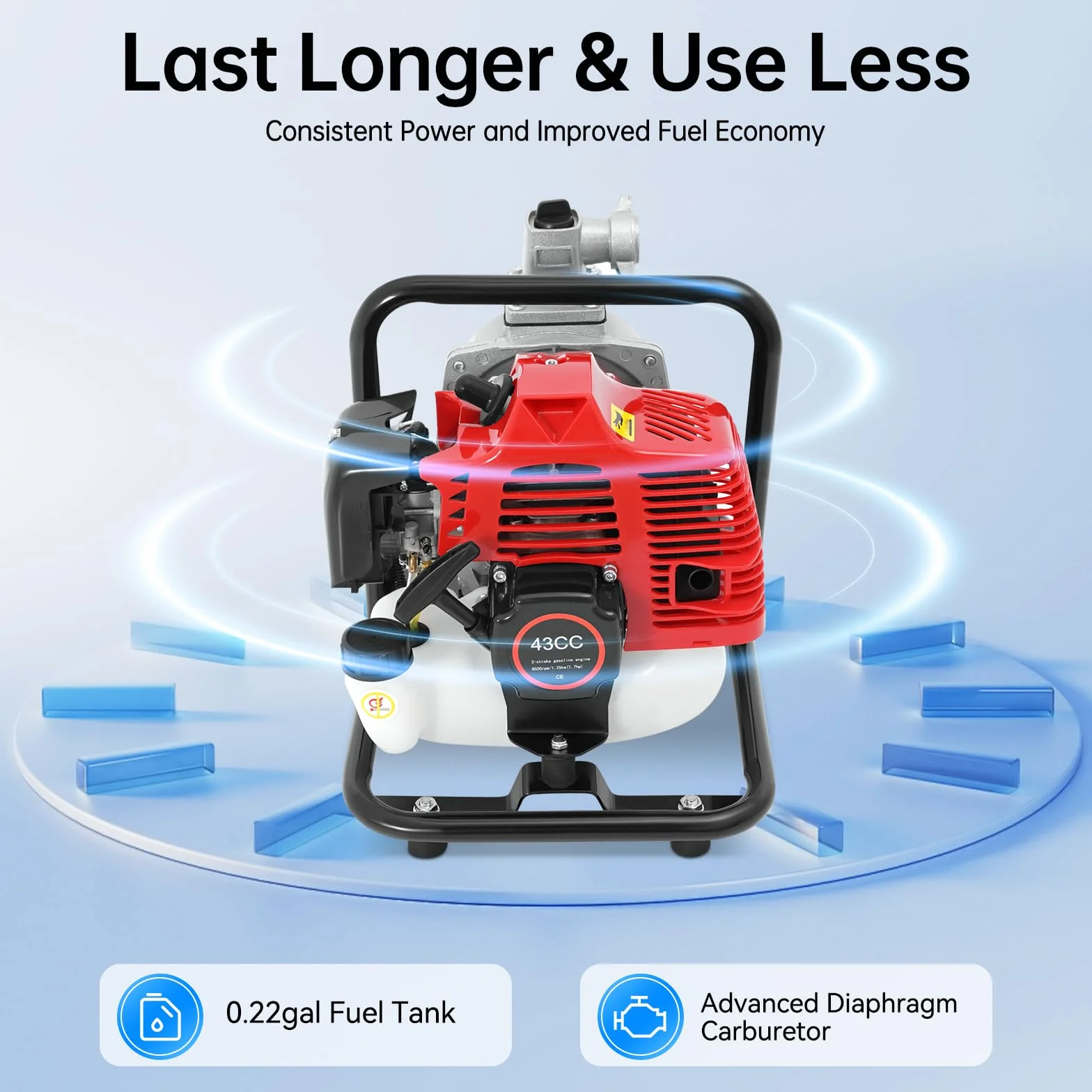 Pompa dell'acqua a benzina da 1,7 CV, autoadescante, da giardino, 2 tempi, 43 cc, 1 pollice, con tubo di aspirazione da 2 m, rosso, portata 10 m³/h, altezza di mandata 30 m, per giardino, irrigazione