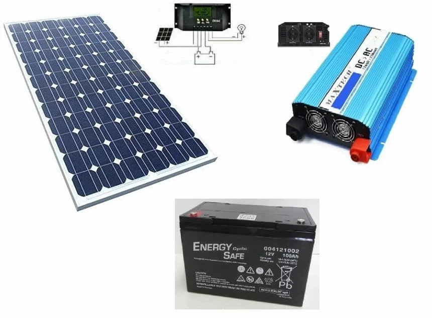 KIT FOTOVOLTAICO 1KWH PANNELLO SOLARE 100WATT BATTERIA 100 AH AGM INVERTER ONDA PURA 2000 WATT ISOLA REGOLATORE 30AMP PER BARCA CASA ROULOTTE CAMPER
