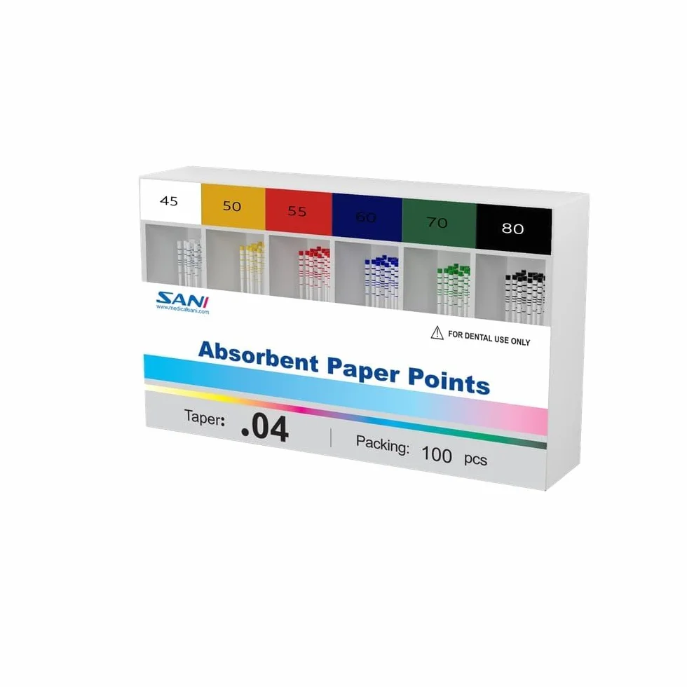 Punte di Carta Assorbenti Endodontiche SANI ISO – Taper 02/04 / 06 – Sterili, Alta Assorbenza, Con Marcatura Lunghezza – 200 pz (02) / 100 pz (04, 06) (40.04-100 pezzi)