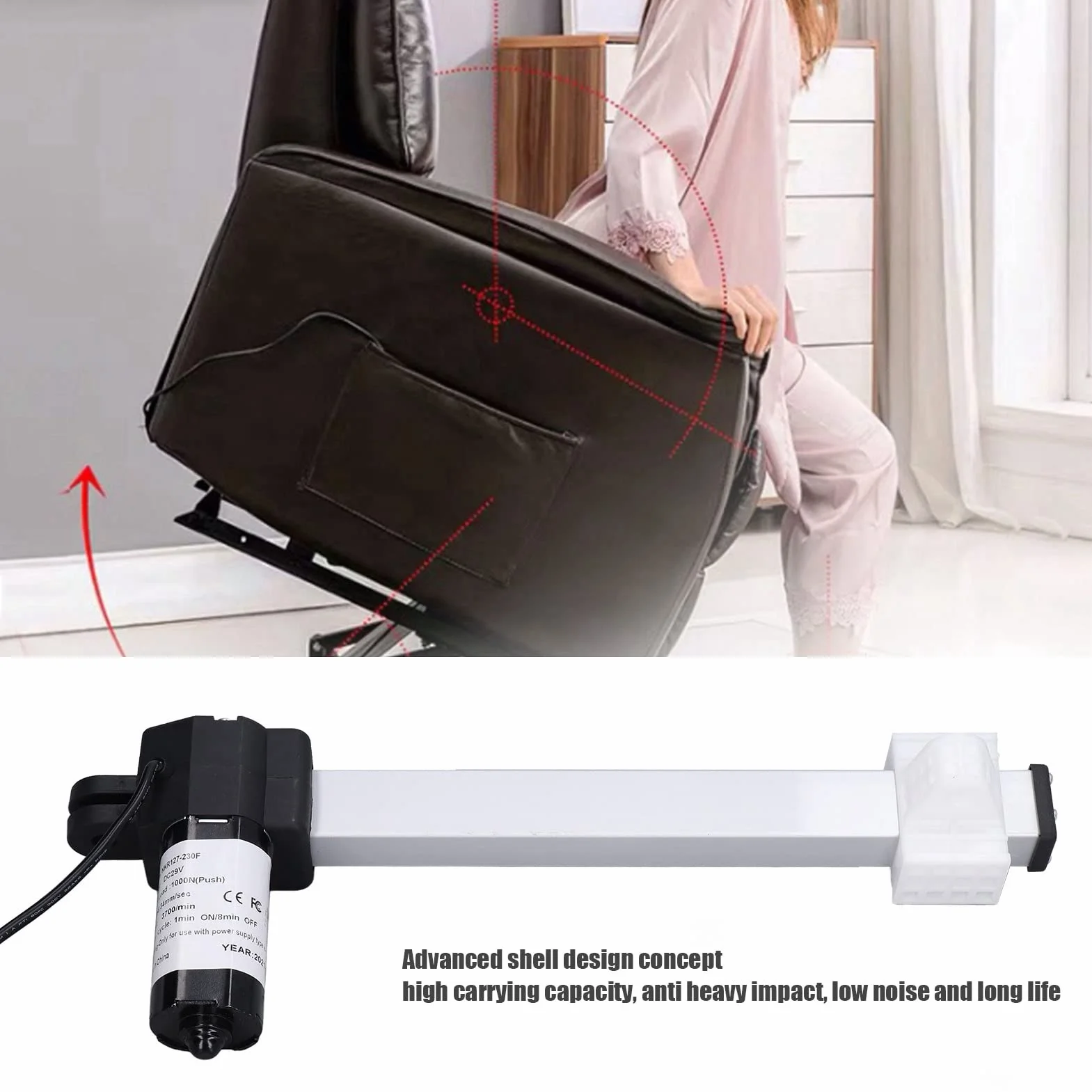 Buachois Attuatore Lineare,DC 29V 230mm Corsa Attuatore Lineare con Clip di Fissaggio 1000N Carico Massimo Motore Telescopico Lineare Elettrico per Divano Letto Elettrico Reclinabile