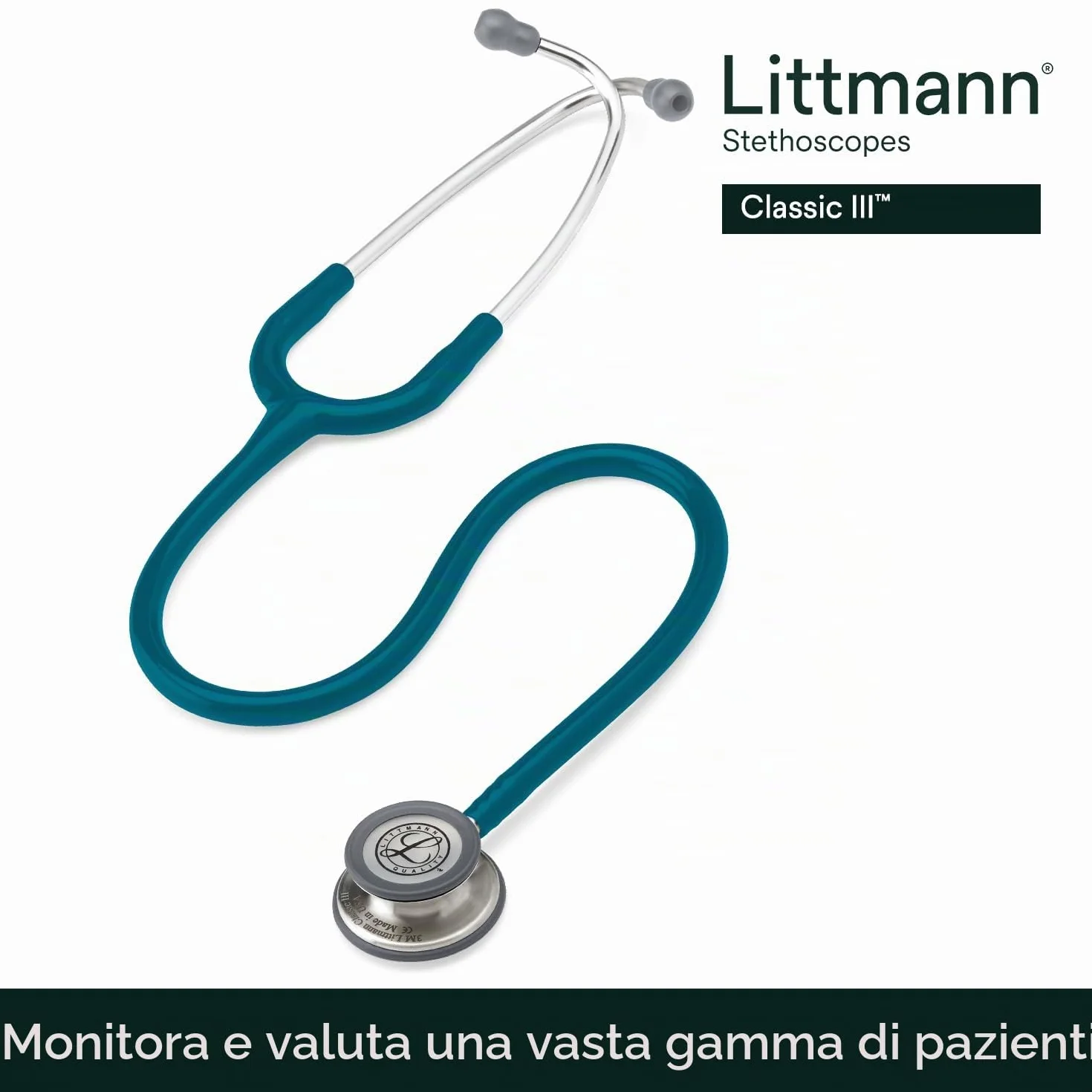 3M Littmann Classic III Stetoscopio per monitoraggio, tubo auricolare blu Caraibi, 69 cm