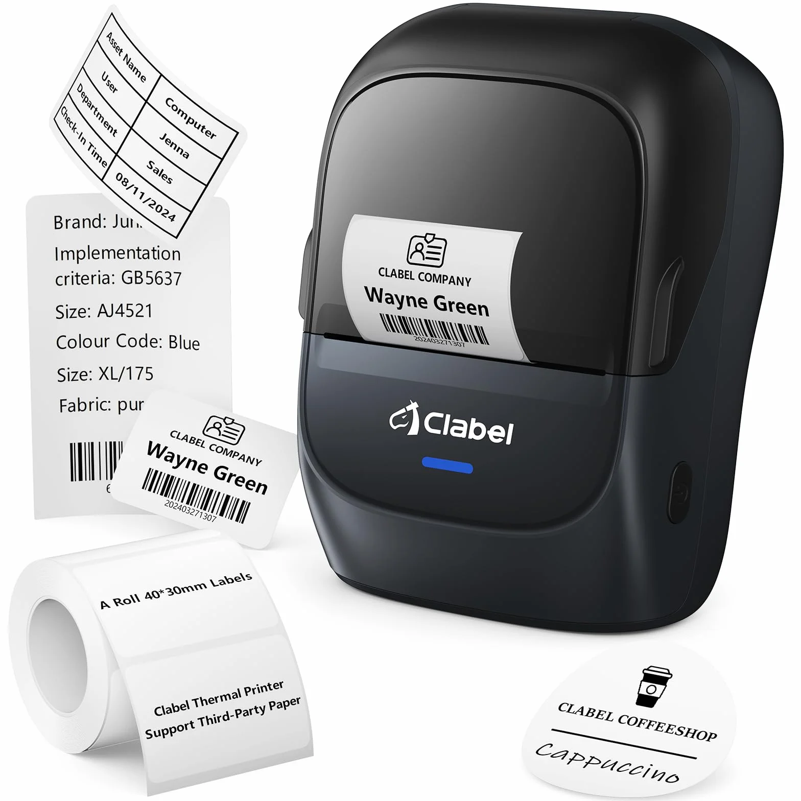 CLABEL Etichettatrice Etichette Adesive Bluetooth Termica | Mini Stampante Portatile Etichette Adesive Personalizzate, iOS & Android & PC, per Scuola Codice a Barre Ufficio Casa