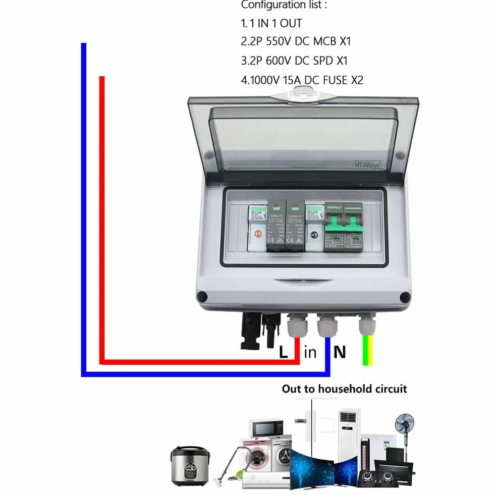Solare PV Combiner Box, 550V 1 In1 Out 1 String Solare PV Combiner Box Protezione Impermeabile IP65 per RV