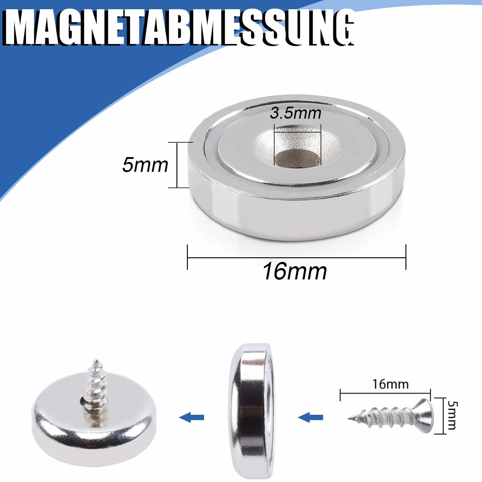 Magneti Neodimio 16x5mm Potente Forza 6 KG Calamita con Foro e Viti, Magneti Potenti Per Industria e Scienza