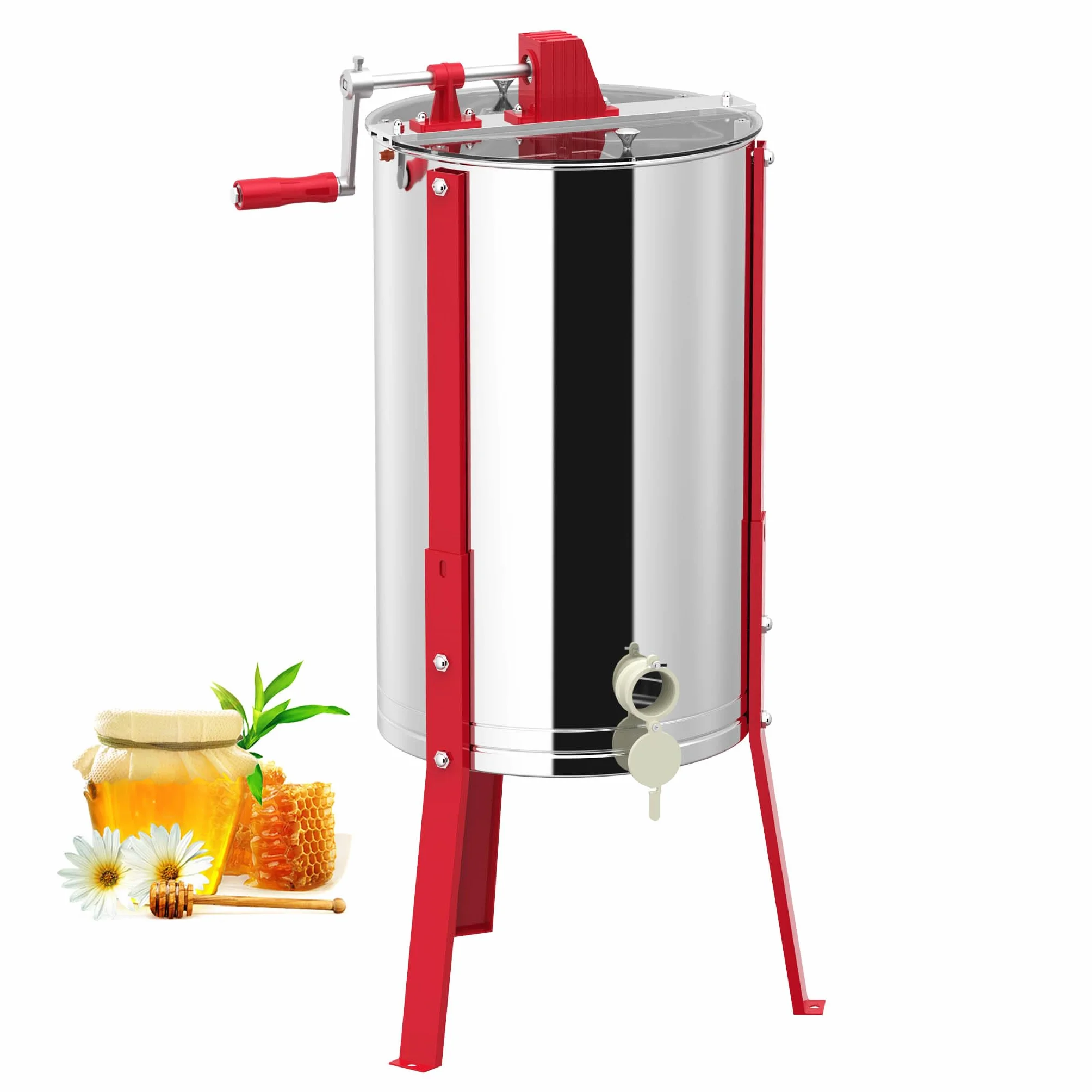 UISEBRT Estrattore di miele manuale in acciaio inox 2 nidi d'ape | Estrattore di miele centrifuga con coperchio e supporto regolabile 101-111cm | Pressa manuale per miele per apicoltori | Ø 39cm