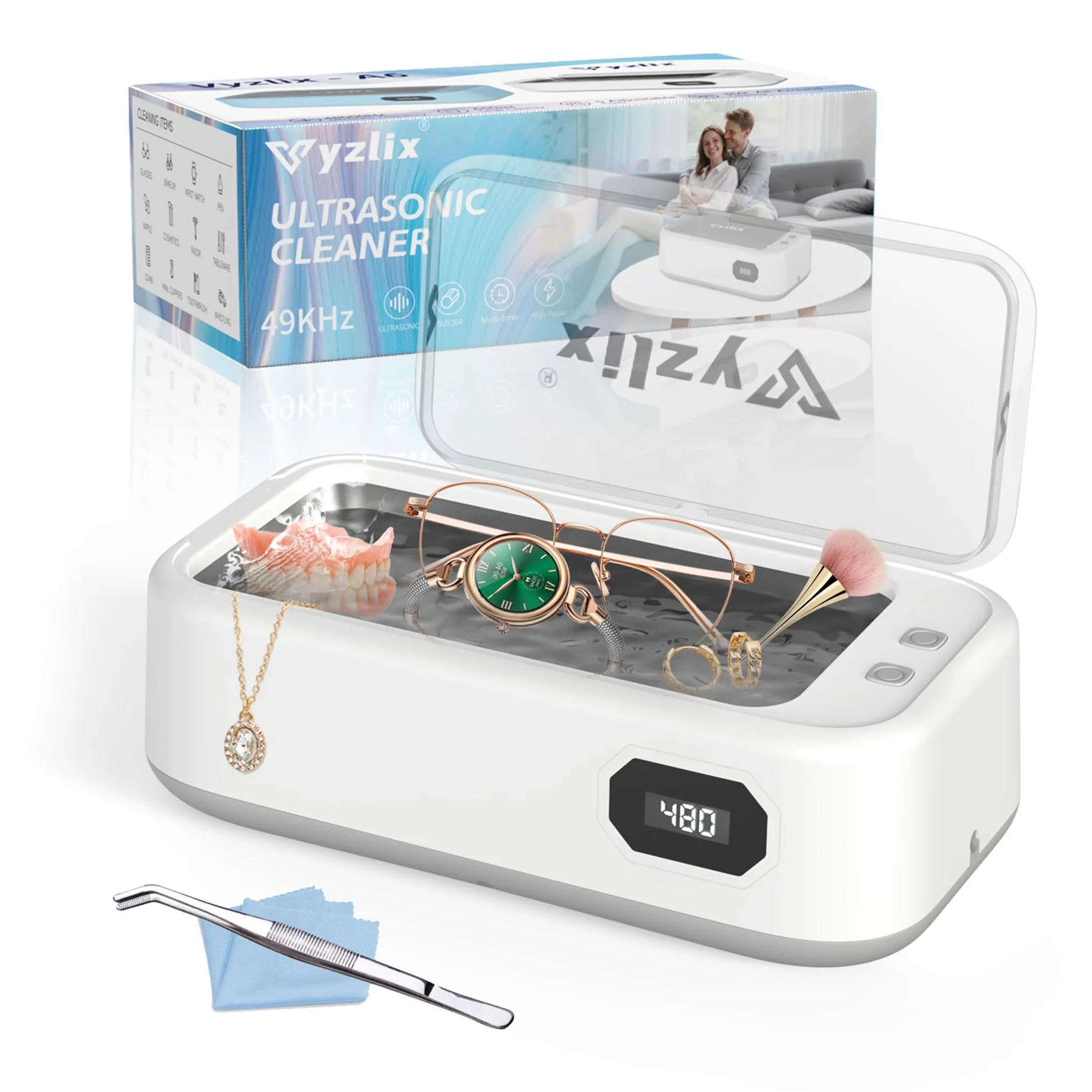 Pulitore Ultrasuoni，alta frequenza 49KHz ultrasonic cleaner，grande capacità 640ml display LED timer a 5 livelli portatile pulitore ultrasuoni apparecchio denti，adatto per gioielli, occhiali, anelli, o