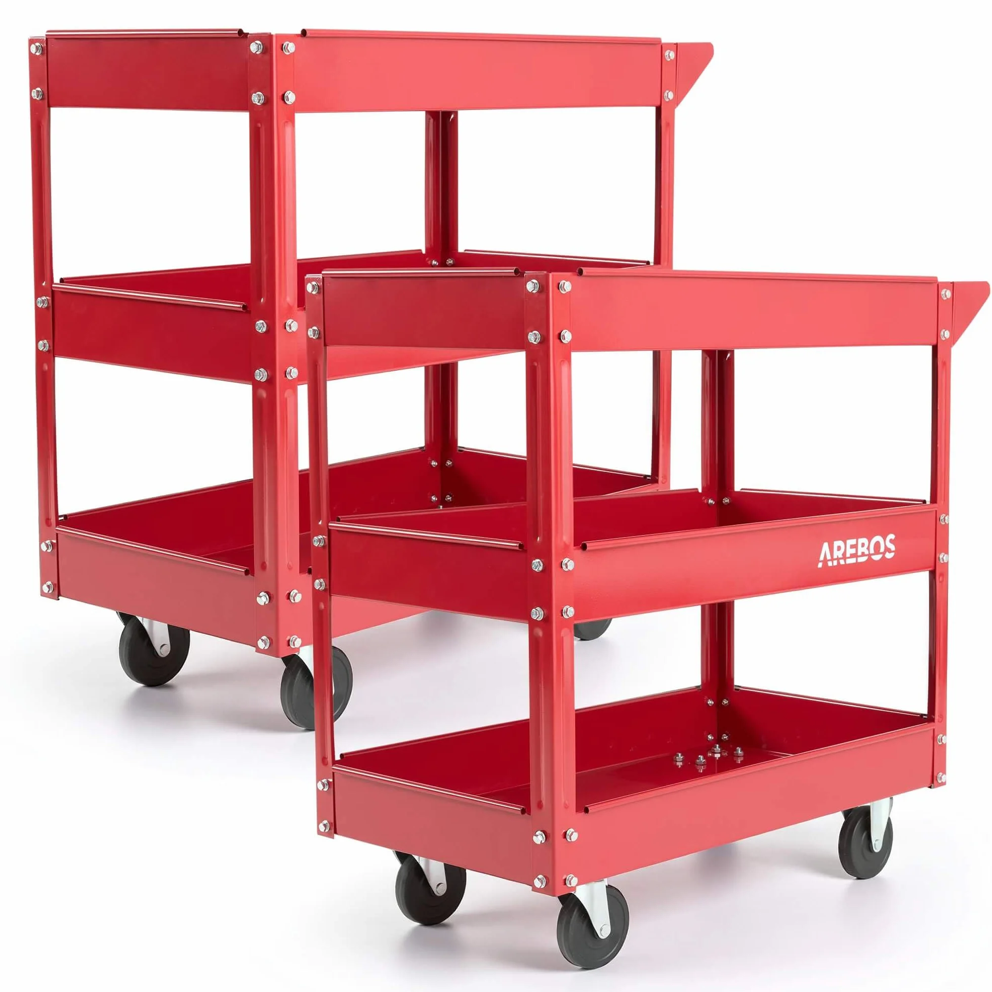 Arebos Set da 2 Carrelli da Officina con 3 Ripiani | Struttura in Acciaio Robusta | Portata fino a 120 kg | Carrello Mobile per Officina, Garage e Fai da Te