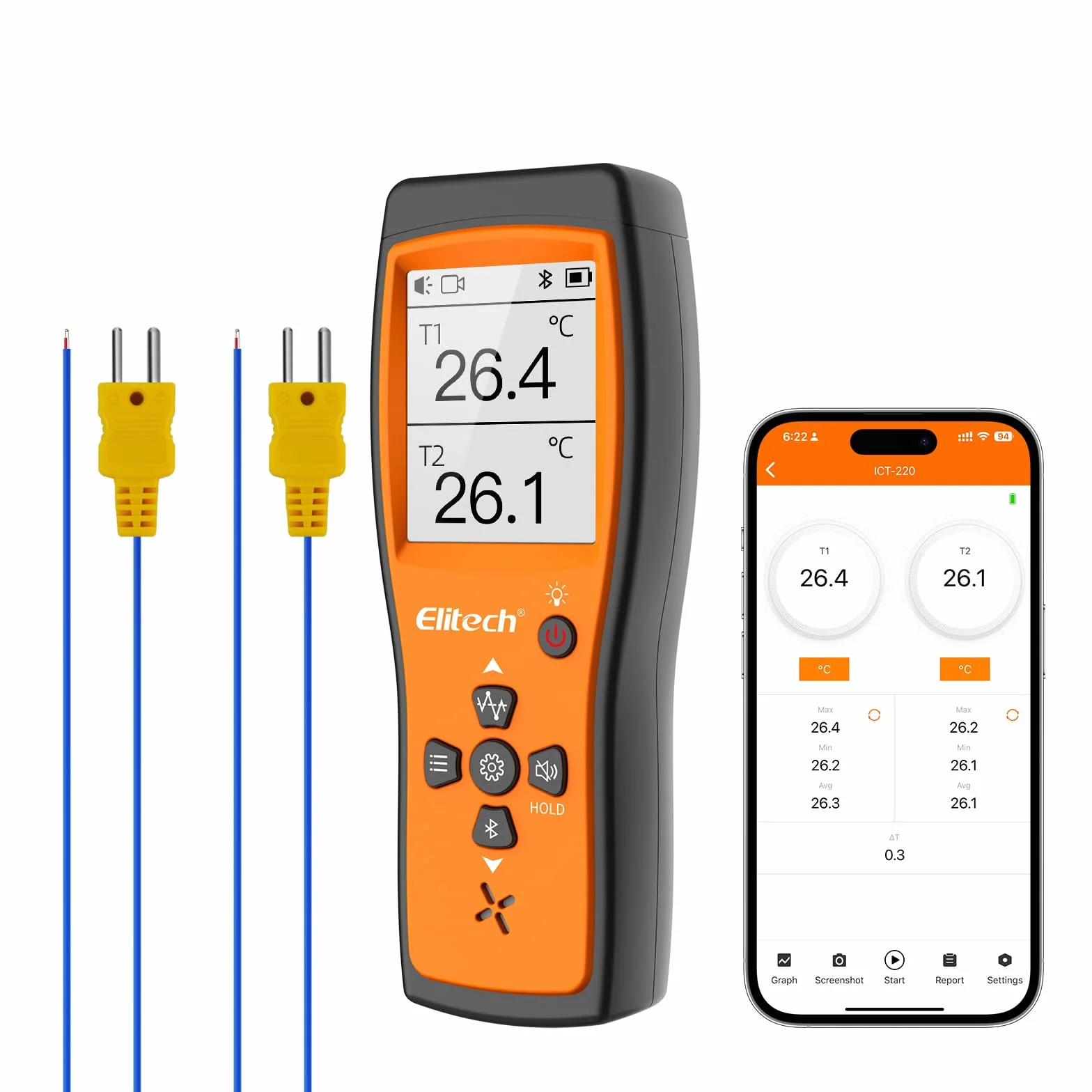 Elitech Termometro a Doppio Termocoppio, Sensore di Temperatura di Tipo K ad Alta Precisione con App, Adatto per Refrigerazione, Manutenzione Automobilistica e Industria delle Pompe di Calore ICT-220