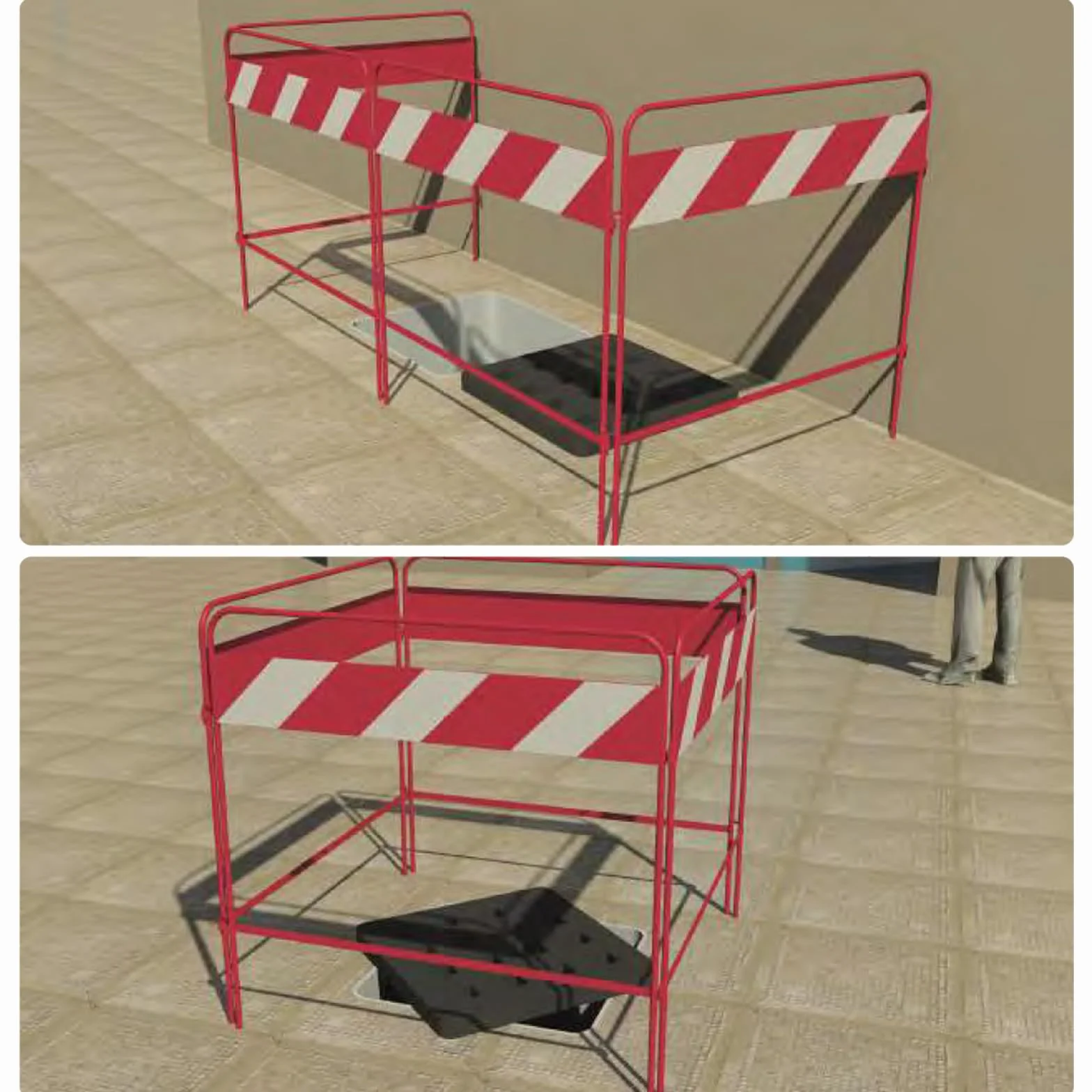 Barriera di recinzione stradale per chiusini tipo quadilatero strisce bianco rosse 100x100 cm certificata classe 1 fig.402