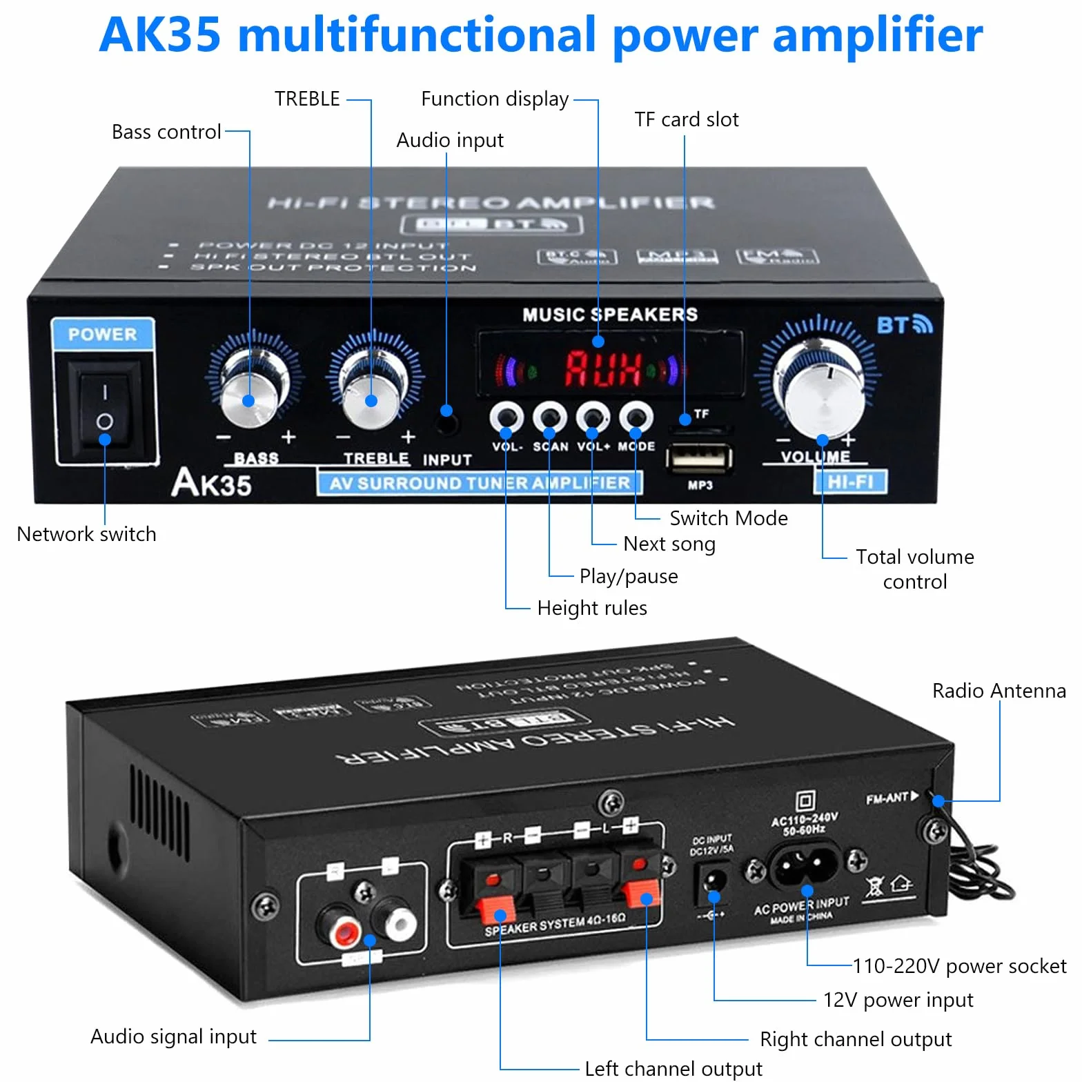 Amplificatore audio AK45, amplificatore stereo, amplificatore Bluetooth 5.0 HIFI con telecomando per auto e casa con ingresso MIC/SD/USB, radio FM
