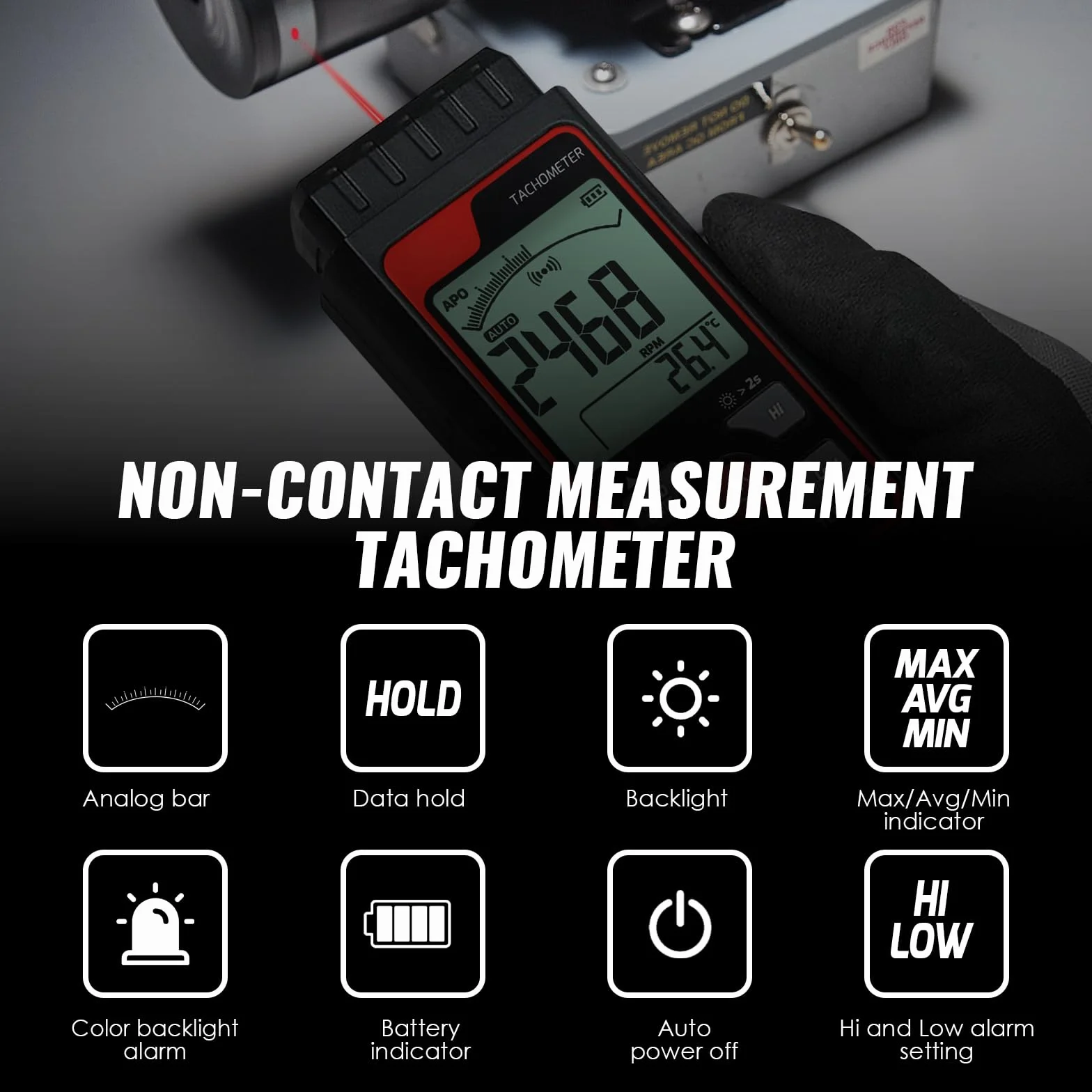 Tachimetro Digitale Sensore Fotografico Laser Senza Contatto Tachimetro di Velocità di Rotazione, Gamma da 2,5 a 99999 giri/min Alta Precisione con Funzione di Allarme Retroilluminazione Scala a Barre