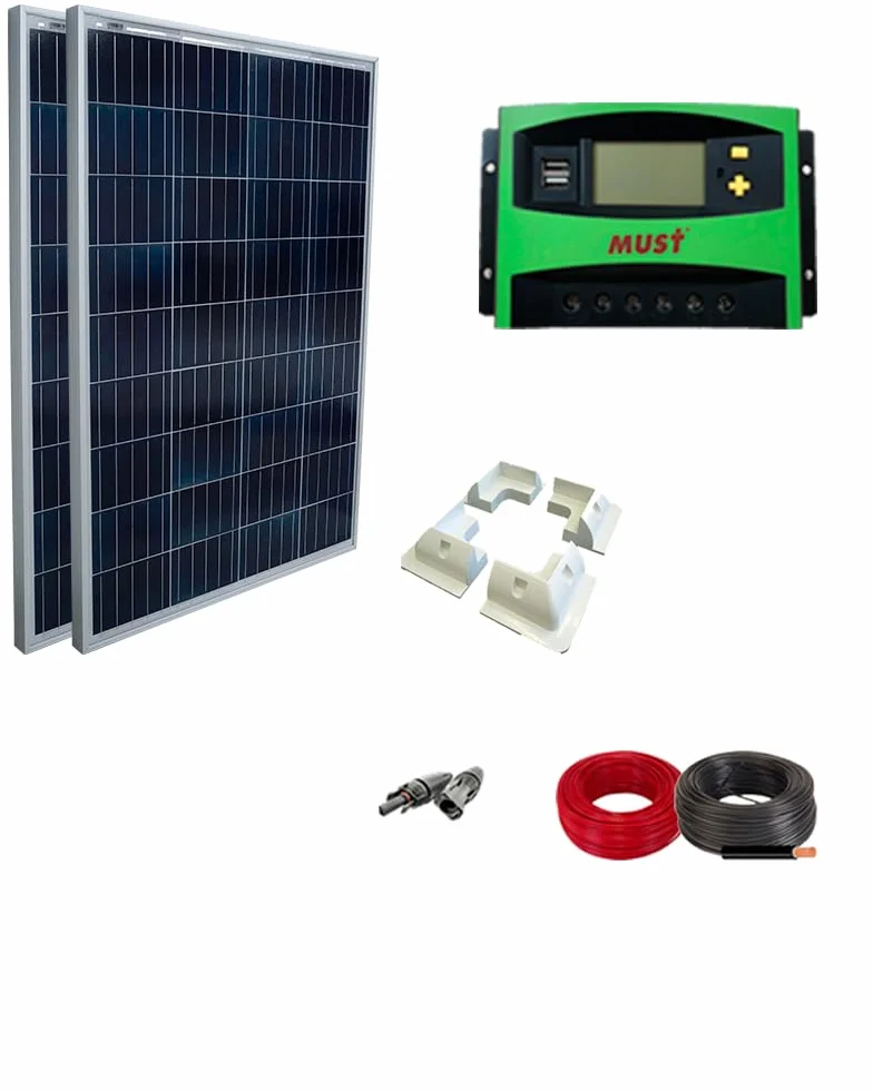 Kit Completo di Pannelli Solari Autoinstallanti Autosolar 200W per Roulotte: 2 Pannelli 100W Policristallino + Regolatore 30A + Struttura + Cablaggio. Sistema estensibile