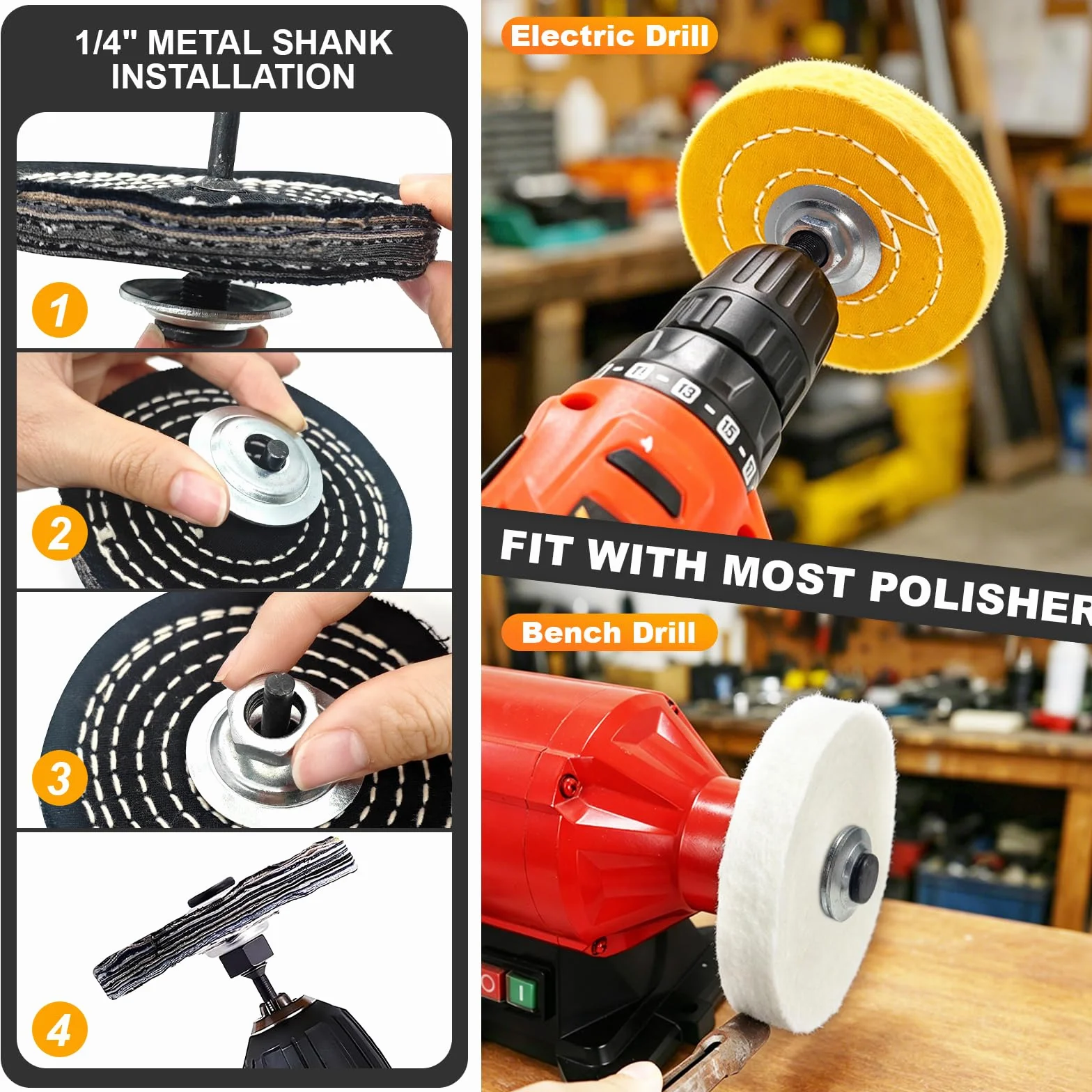 Kit da 8 Pezzi di Ruote Lucidanti da 100 mm – 4 Dischi Abrasivi con 3 Paste Lucidanti e Adattatore, Foro da 1/2" (12,7 mm), per Levigatrice a Banco, Trapano e Avvitatore (12)